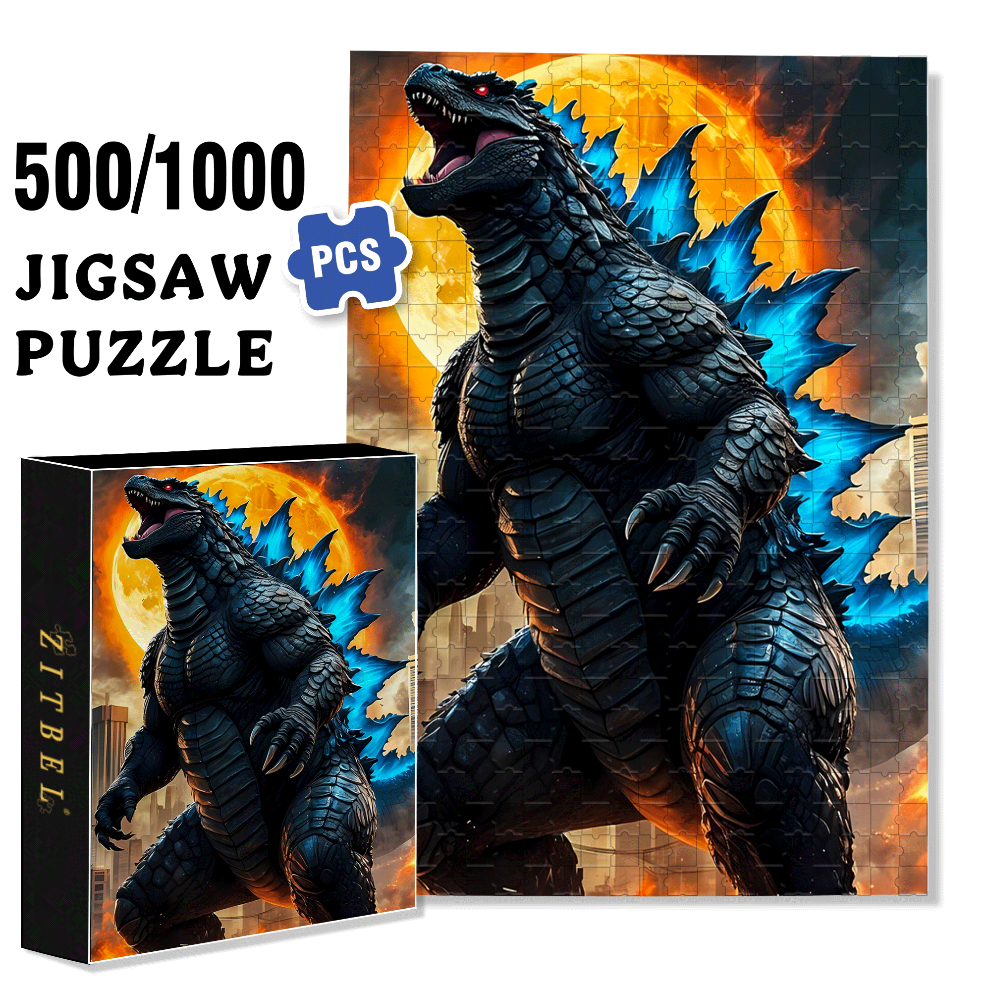 Godzilla 500pcs/1000pcs Jigsaw Puzzle, Scratch-Resistant, Interactive Family Game & Brain-Boosting DIY Decor, Perfect for Halloween, Christmas & New Year Gifts, Family Puzzle Game