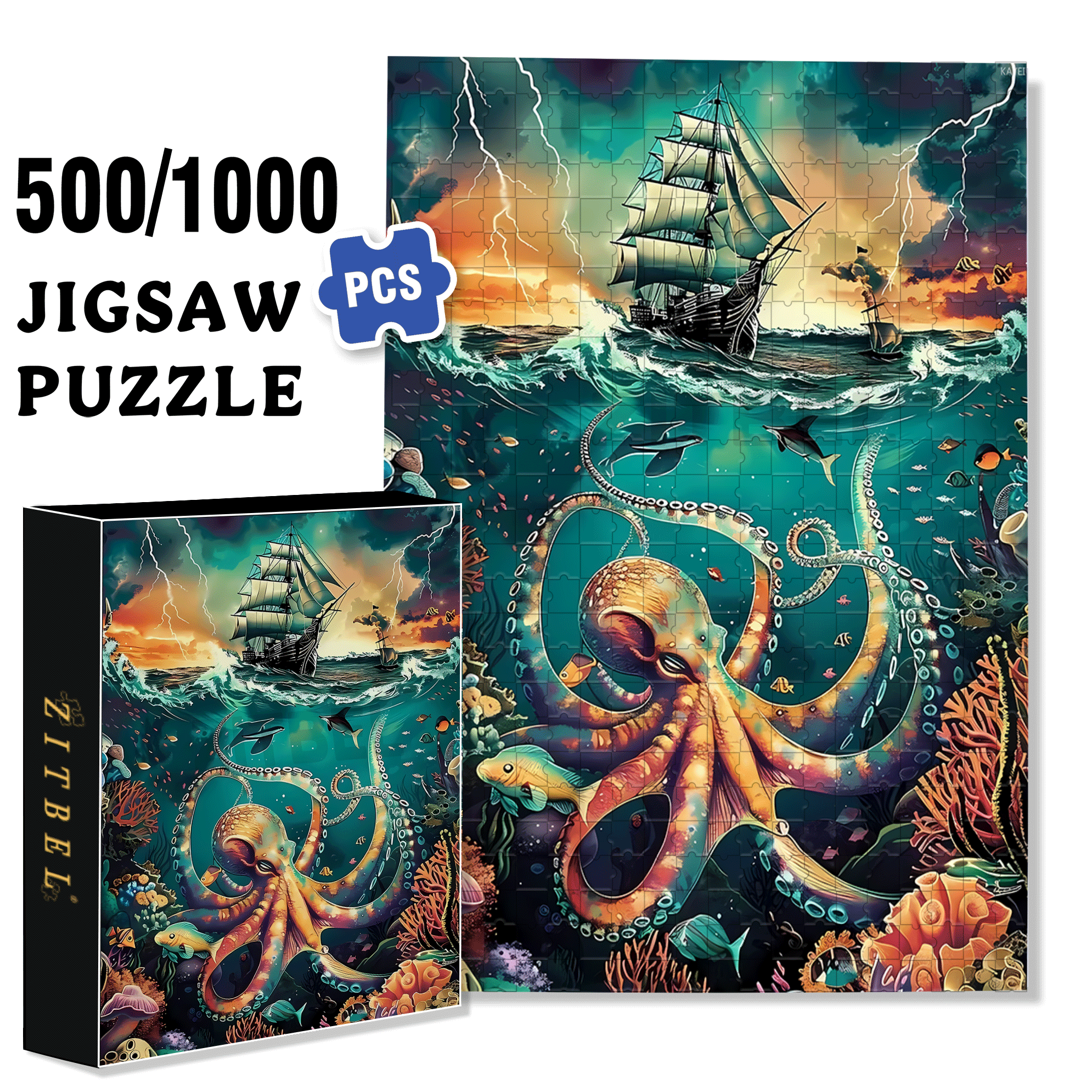 KAYEIUU Ocean Diamond 500pcs/1000pcs Jigsaw Puzzle, Scratch-Resistant, Interactive Family Game & Brain-Boosting DIY Decor, Perfect for Halloween, Christmas & New Year Gifts, Family Puzzle Game