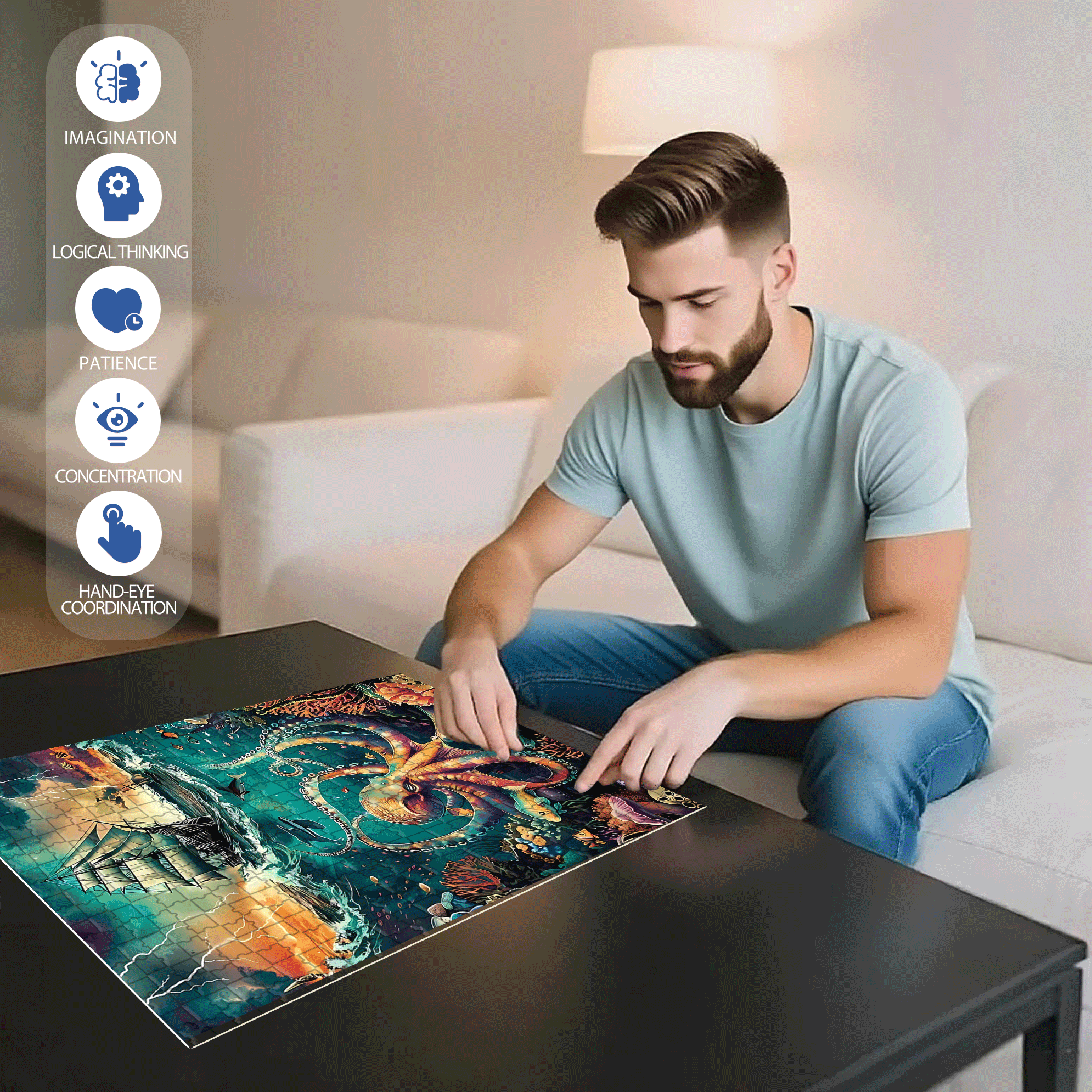 KAYEIUU Ocean Diamond 500pcs/1000pcs Jigsaw Puzzle, Scratch-Resistant, Interactive Family Game & Brain-Boosting DIY Decor, Perfect for Halloween, Christmas & New Year Gifts, Family Puzzle Game