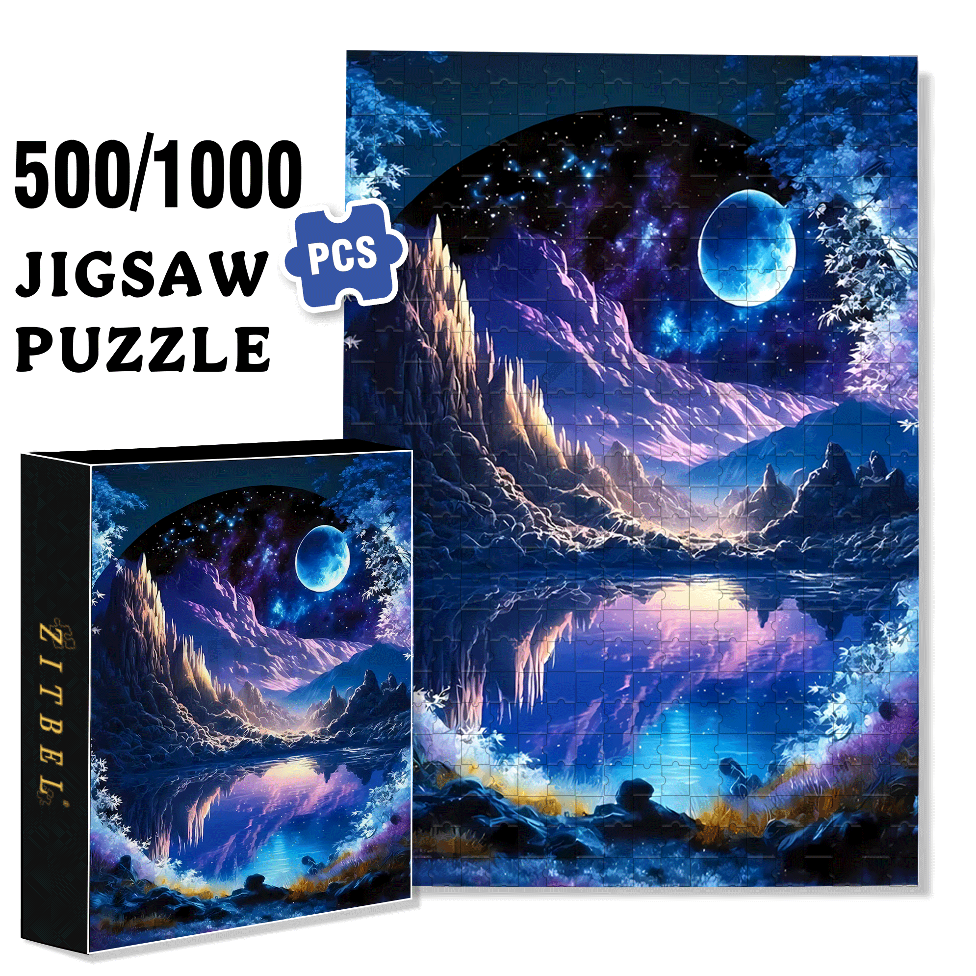 Moonlight Mountain Lake 500pcs/1000pcs Jigsaw Puzzle, Scratch-Resistant, Interactive Family Game & Brain-Boosting DIY Decor, Perfect for Halloween, Christmas & New Year Gifts, Family Puzzle Game