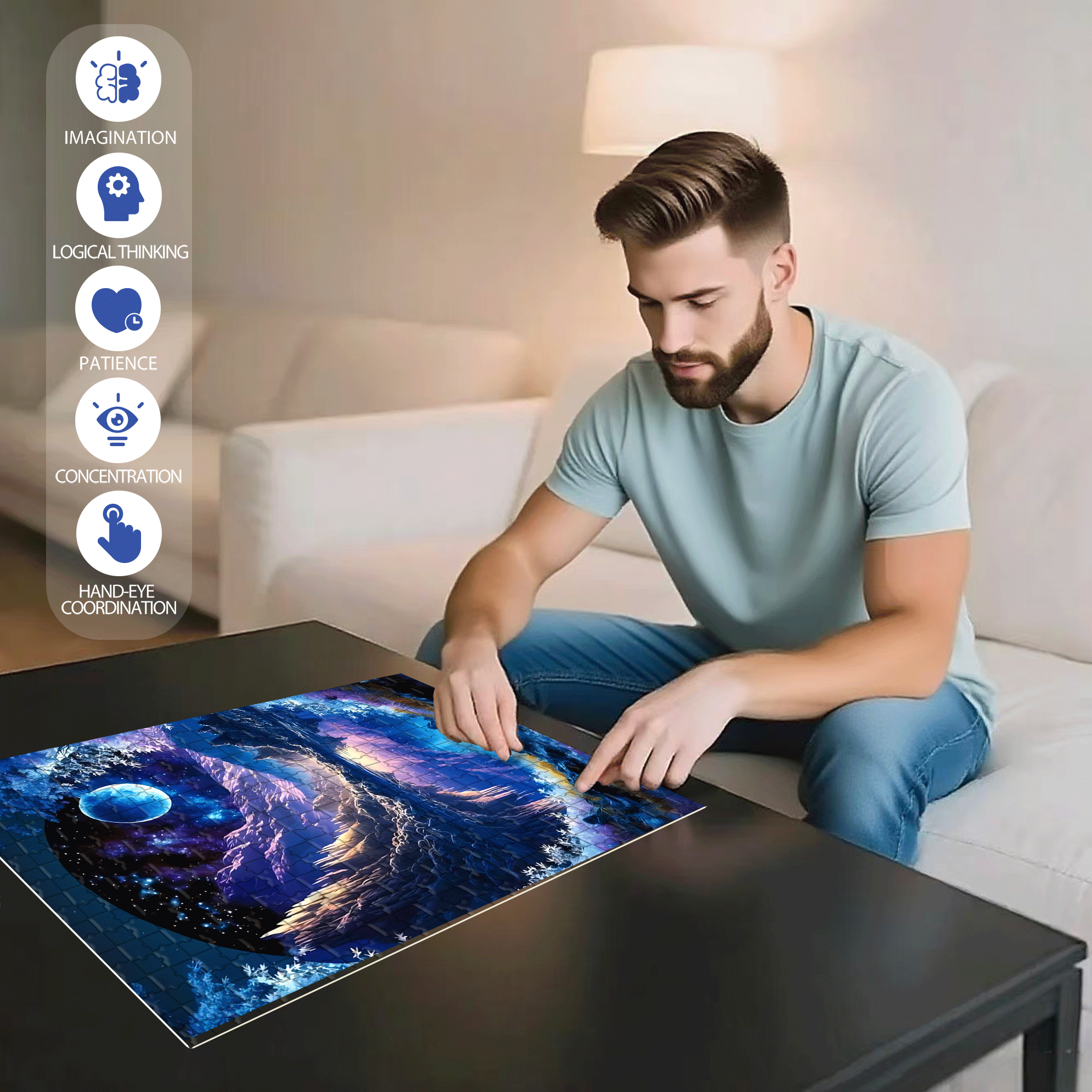 Moonlight Mountain Lake 500pcs/1000pcs Jigsaw Puzzle, Scratch-Resistant, Interactive Family Game & Brain-Boosting DIY Decor, Perfect for Halloween, Christmas & New Year Gifts, Family Puzzle Game