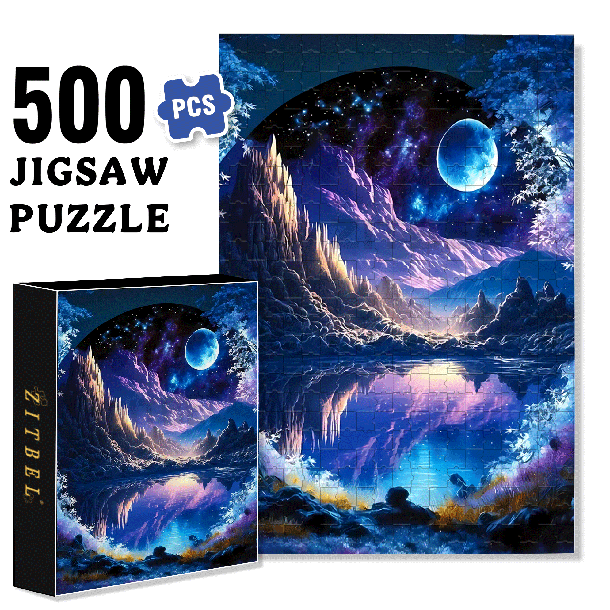Moonlight Mountain Lake 500pcs/1000pcs Jigsaw Puzzle, Scratch-Resistant, Interactive Family Game & Brain-Boosting DIY Decor, Perfect for Halloween, Christmas & New Year Gifts, Family Puzzle Game