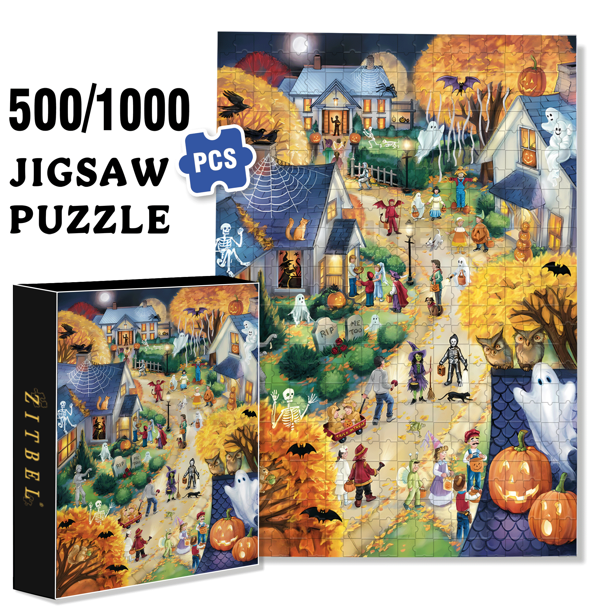 My Halloween Town 500pcs/1000pcs Jigsaw Puzzle, Scratch-Resistant, Interactive Family Game & Brain-Boosting DIY Decor, Perfect for Halloween, Christmas & New Year Gifts, Family Puzzle Game
