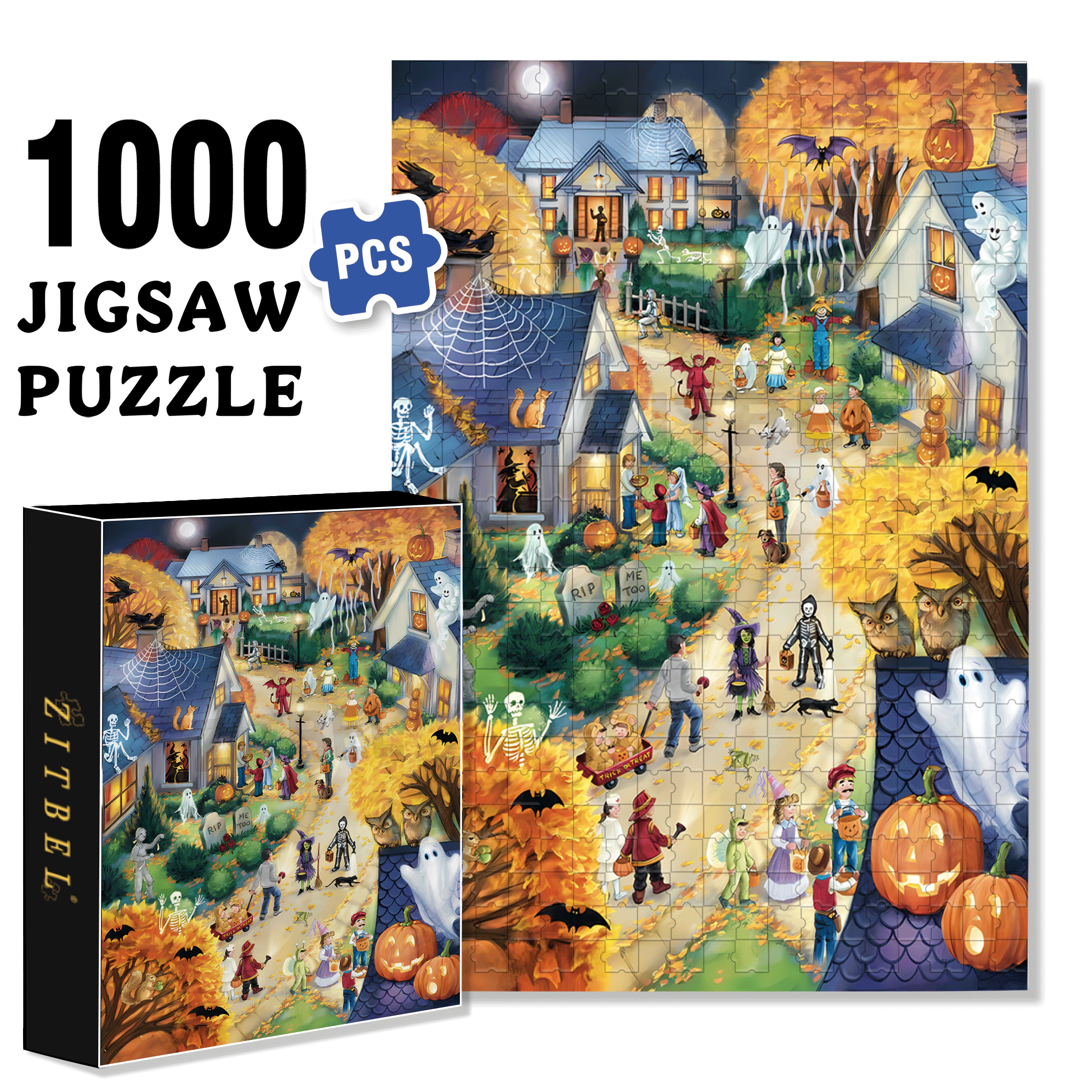 My Halloween Town 500pcs/1000pcs Jigsaw Puzzle, Scratch-Resistant, Interactive Family Game & Brain-Boosting DIY Decor, Perfect for Halloween, Christmas & New Year Gifts, Family Puzzle Game