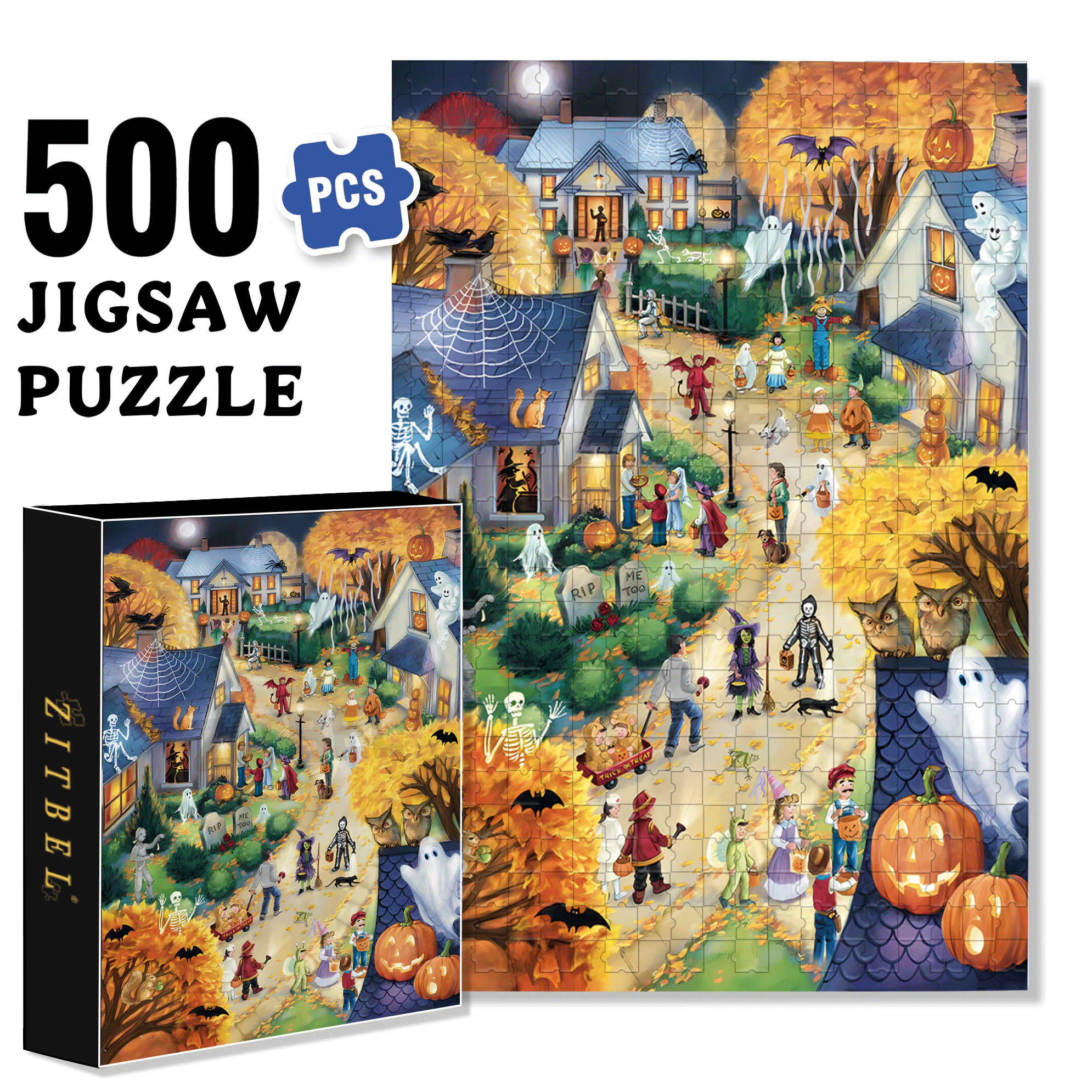 My Halloween Town 500pcs/1000pcs Jigsaw Puzzle, Scratch-Resistant, Interactive Family Game & Brain-Boosting DIY Decor, Perfect for Halloween, Christmas & New Year Gifts, Family Puzzle Game