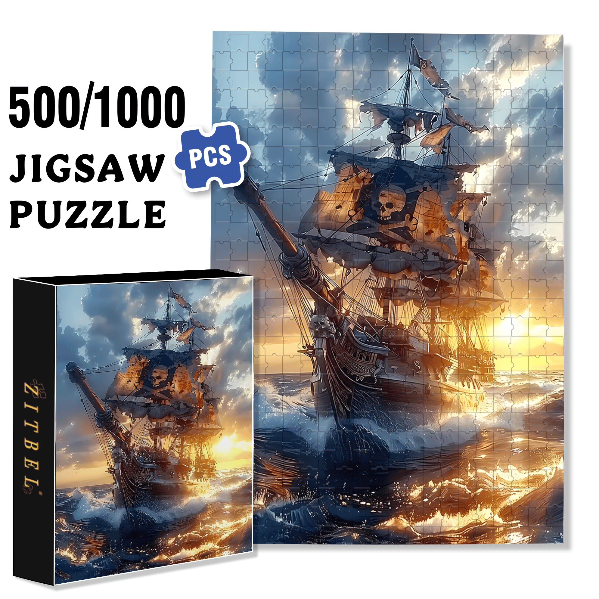 Pirate Boat 500pcs/1000pcs Jigsaw Puzzle, Scratch-Resistant, Interactive Family Game & Brain-Boosting DIY Decor, Perfect for Halloween, Christmas & New Year Gifts, Family Puzzle Game