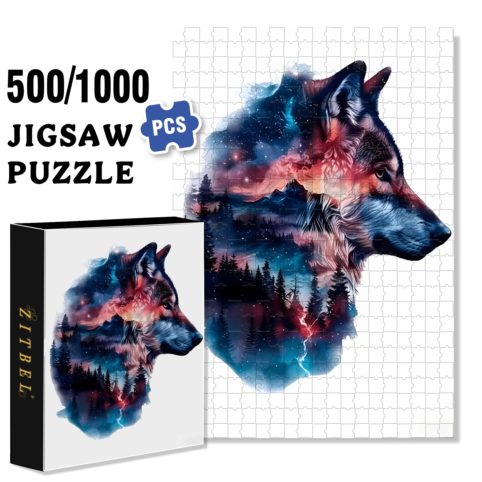 Starry Night Wolf & Galaxy 500pcs/1000pcs Jigsaw Puzzle, Scratch-Resistant, Interactive Family Game & Brain-Boosting DIY Decor, Perfect for Halloween, Christmas & New Year Gifts, Family Puzzle Game