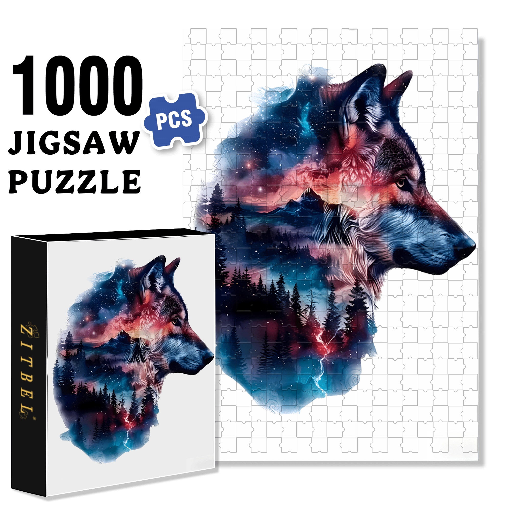 Starry Night Wolf & Galaxy 500pcs/1000pcs Jigsaw Puzzle, Scratch-Resistant, Interactive Family Game & Brain-Boosting DIY Decor, Perfect for Halloween, Christmas & New Year Gifts, Family Puzzle Game