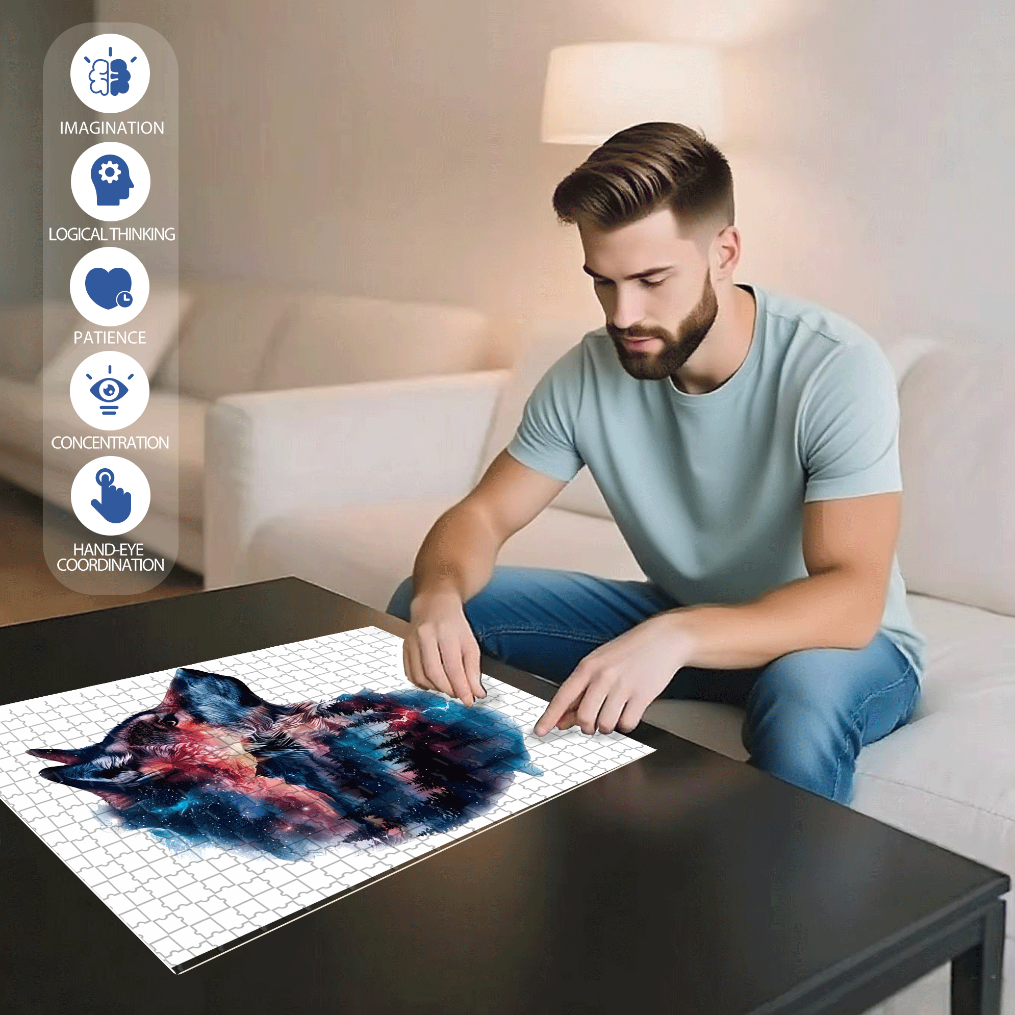 Starry Night Wolf & Galaxy 500pcs/1000pcs Jigsaw Puzzle, Scratch-Resistant, Interactive Family Game & Brain-Boosting DIY Decor, Perfect for Halloween, Christmas & New Year Gifts, Family Puzzle Game