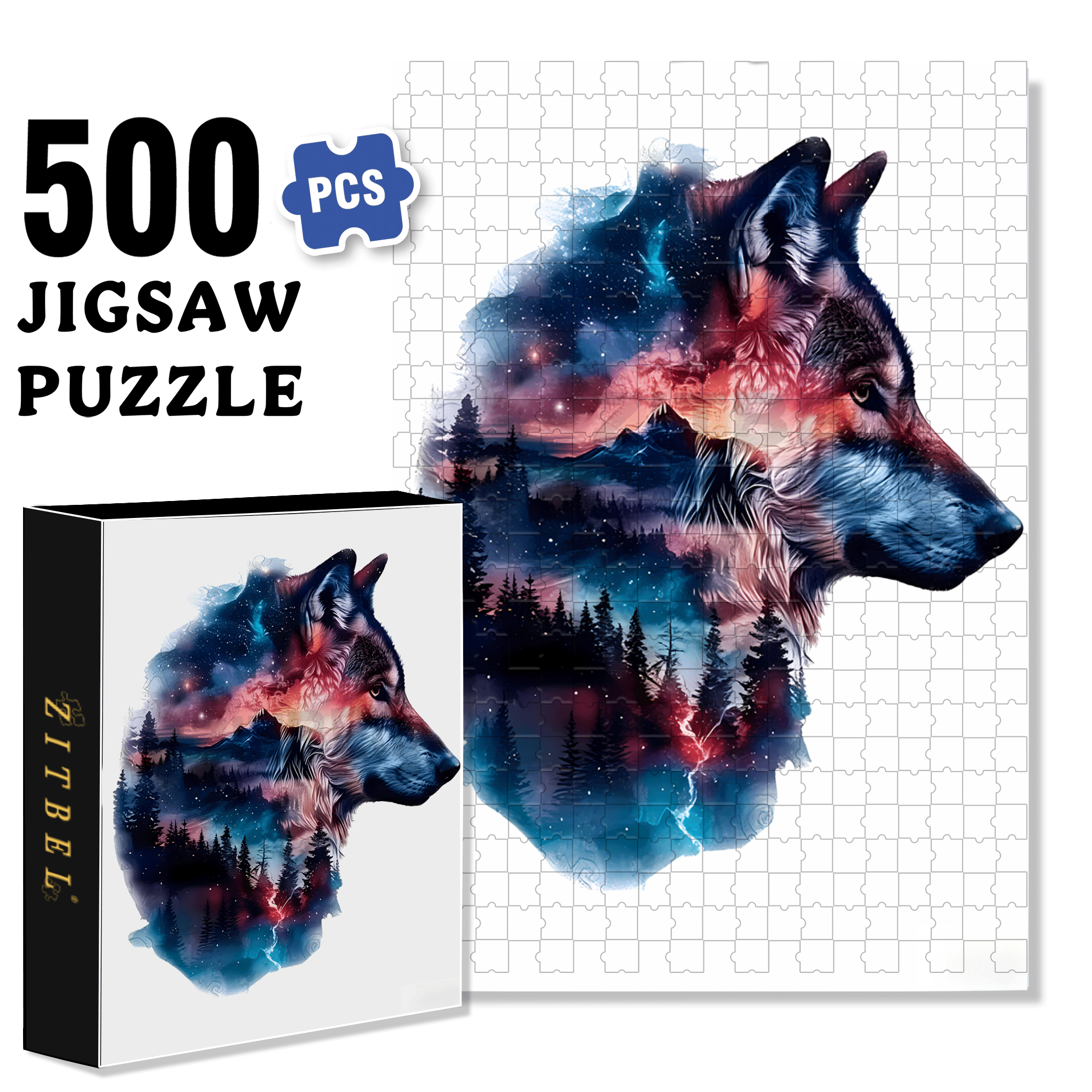 Starry Night Wolf & Galaxy 500pcs/1000pcs Jigsaw Puzzle, Scratch-Resistant, Interactive Family Game & Brain-Boosting DIY Decor, Perfect for Halloween, Christmas & New Year Gifts, Family Puzzle Game