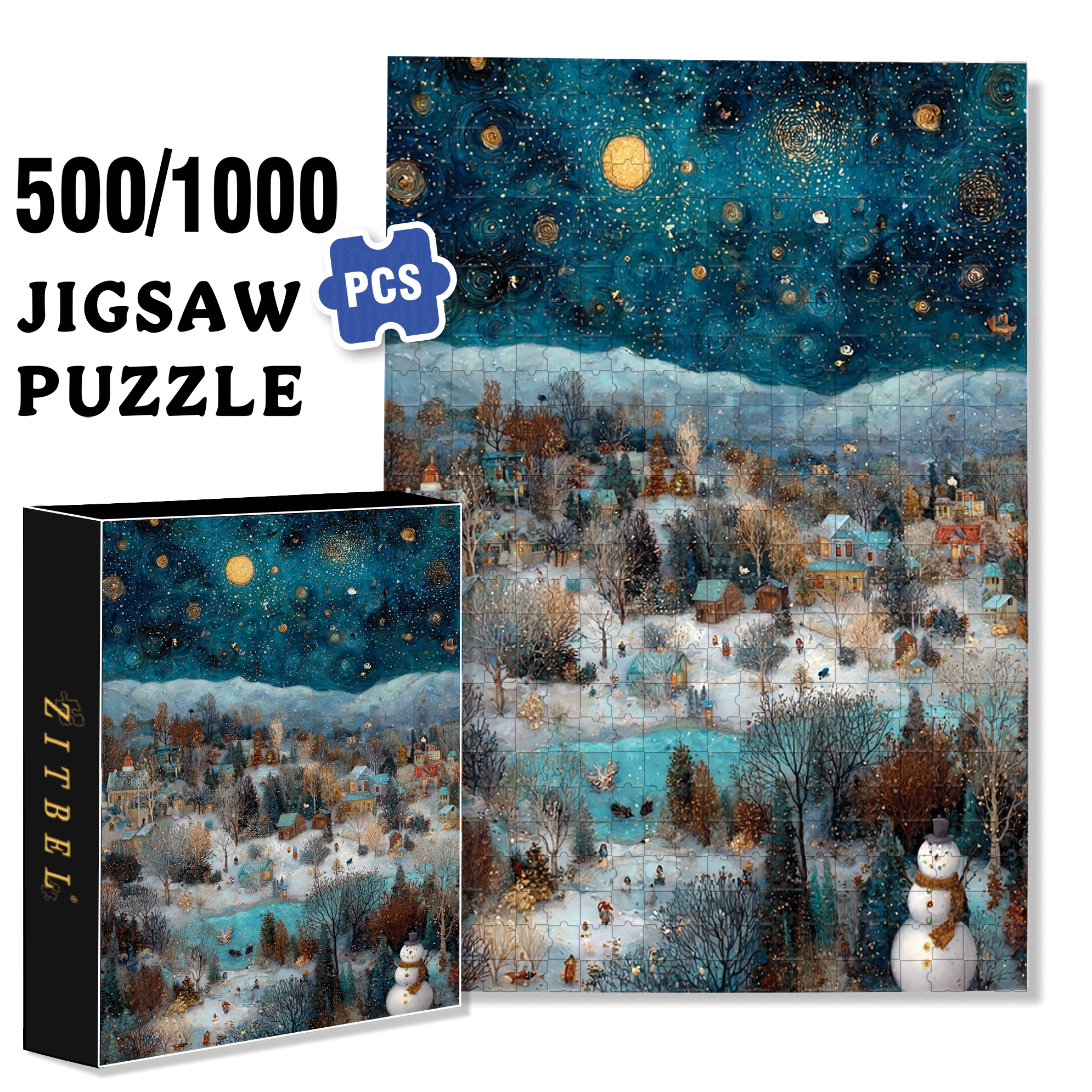 Starry Snow Night 500pcs/1000pcs Jigsaw Puzzle, Scratch-Resistant, Interactive Family Game & Brain-Boosting DIY Decor, Perfect for Halloween, Christmas & New Year Gifts, Family Puzzle Game
