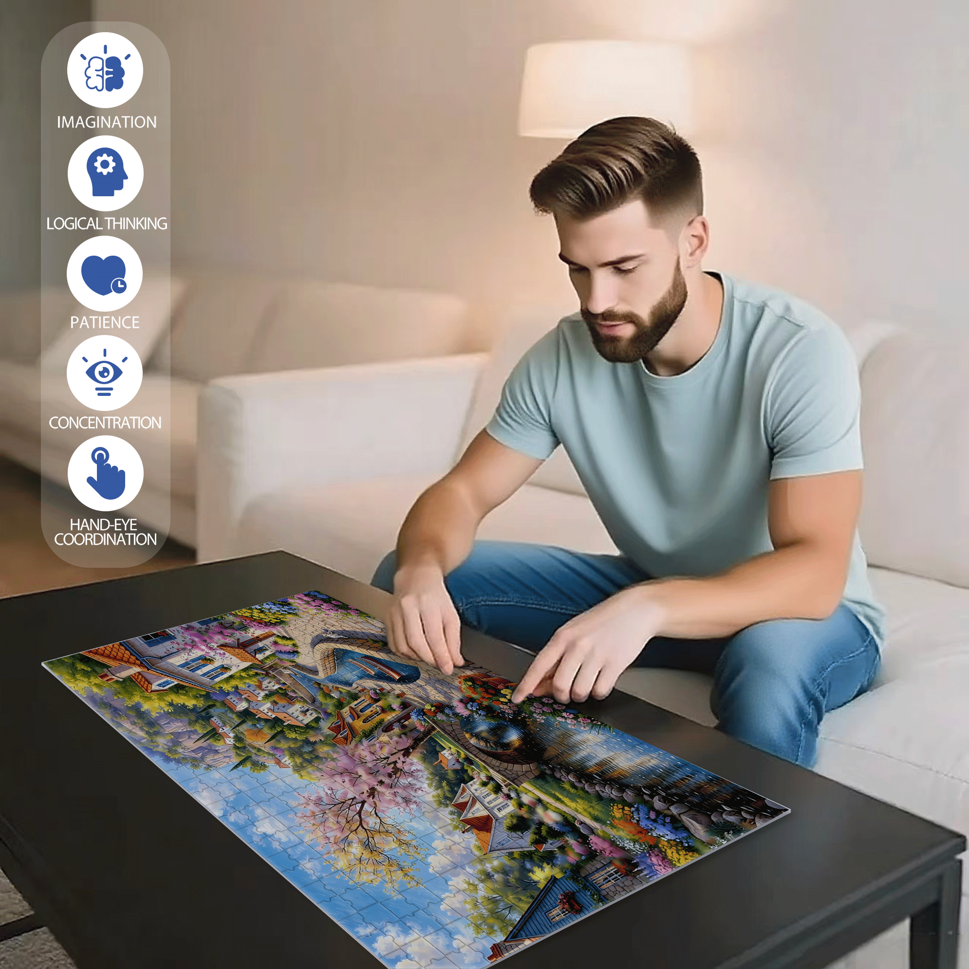 A Tranquil Town By The River 500pcs/1000pcs Jigsaw Puzzle, Scratch-Resistant, Interactive Family Game & Brain-Boosting DIY Decor, Perfect for Halloween, Christmas & New Year Gifts, Family Puzzle Game