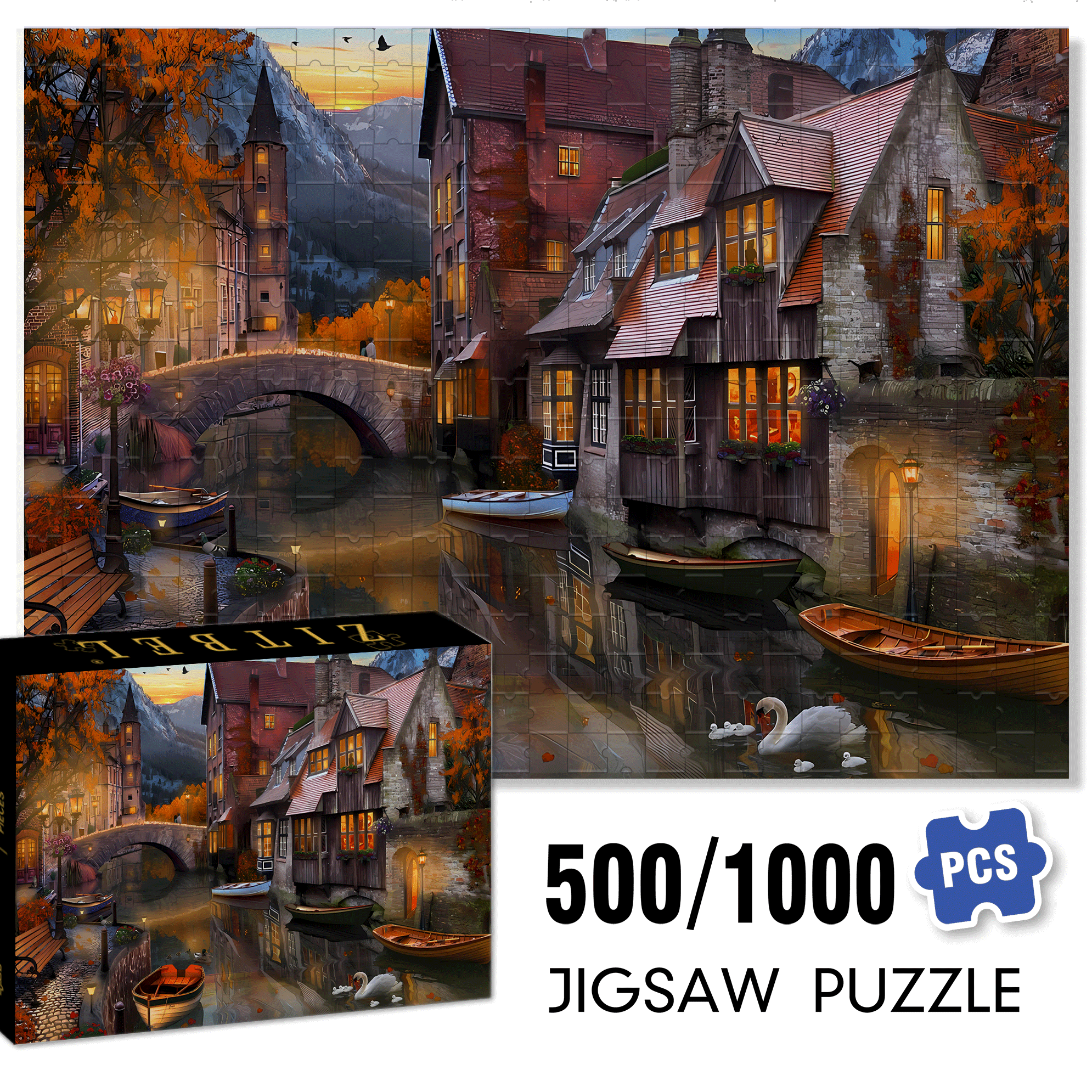 Autumn Canal 500pcs/1000pcs Jigsaw Puzzle, Scratch-Resistant, Interactive Family Game & Brain-Boosting DIY Decor, Perfect for Halloween, Christmas & New Year Gifts, Family Puzzle Game