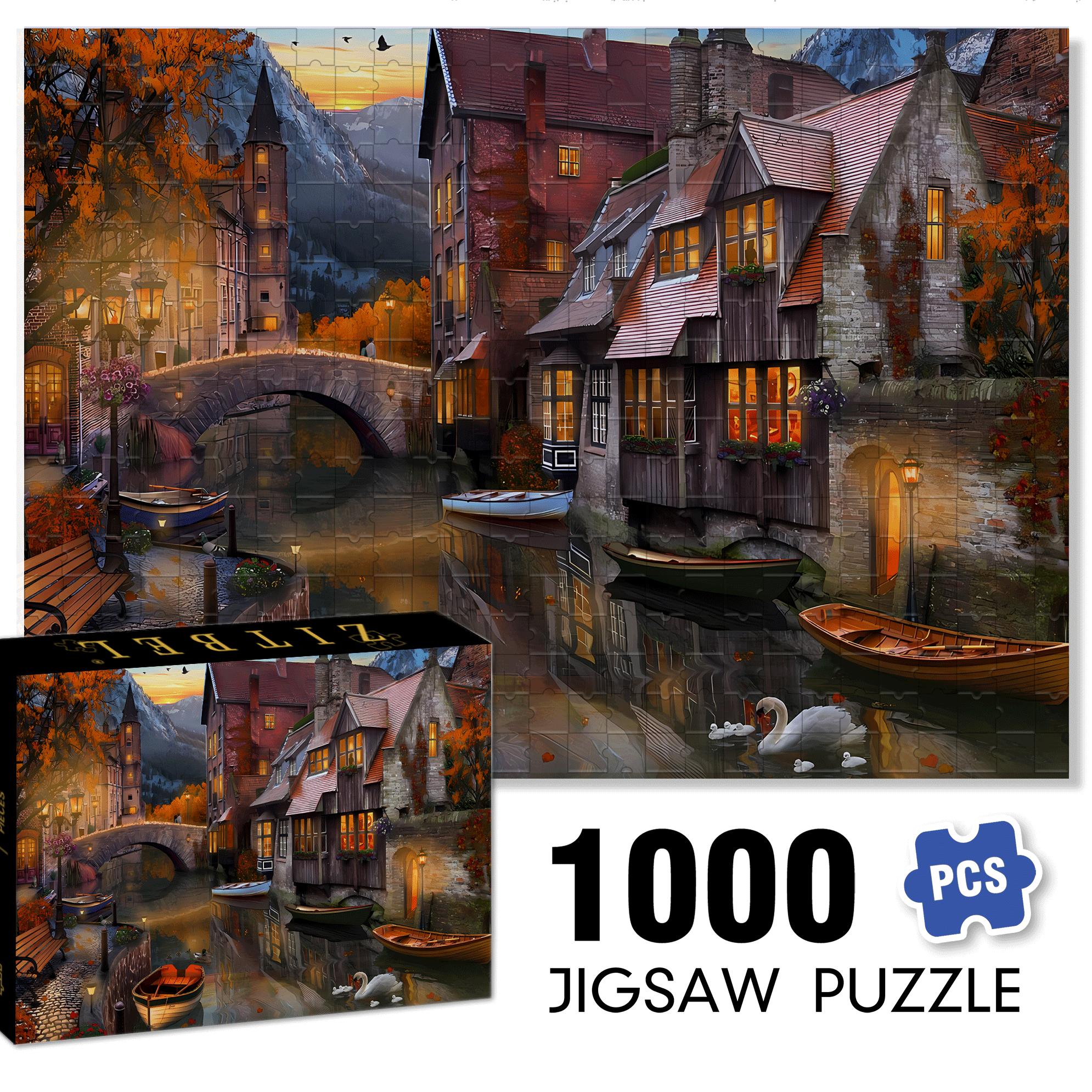 Autumn Canal 500pcs/1000pcs Jigsaw Puzzle, Scratch-Resistant, Interactive Family Game & Brain-Boosting DIY Decor, Perfect for Halloween, Christmas & New Year Gifts, Family Puzzle Game
