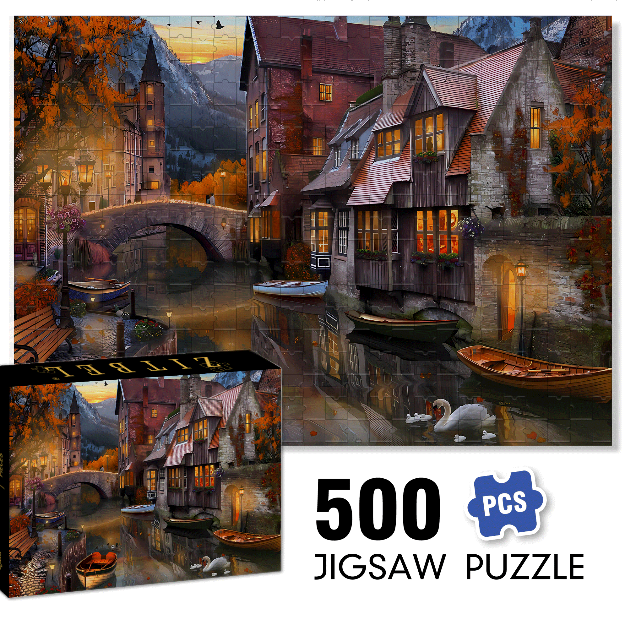 Autumn Canal 500pcs/1000pcs Jigsaw Puzzle, Scratch-Resistant, Interactive Family Game & Brain-Boosting DIY Decor, Perfect for Halloween, Christmas & New Year Gifts, Family Puzzle Game
