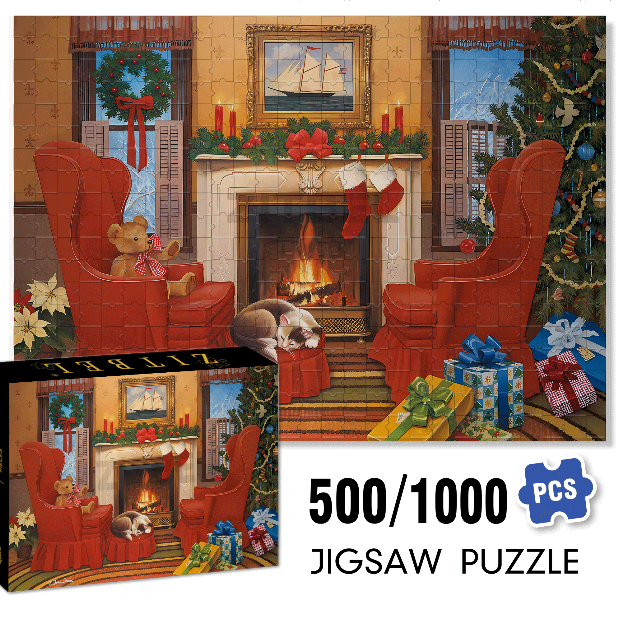 Christmas Hearth 500pcs/1000pcs Jigsaw Puzzle, Scratch-Resistant, Interactive Family Game & Brain-Boosting DIY Decor, Perfect for Halloween, Christmas & New Year Gifts, Family Puzzle Game