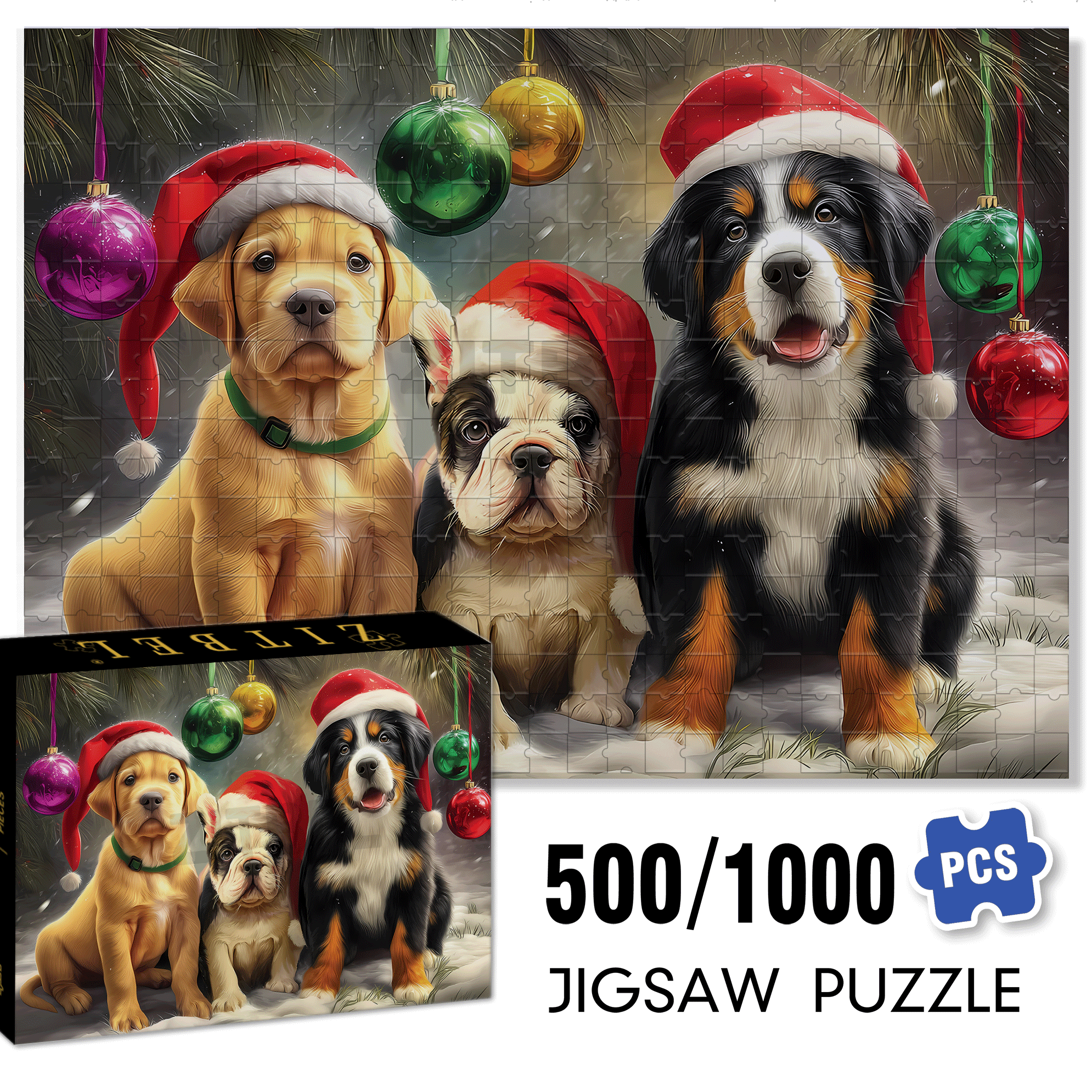 Christmas Pups 500pcs/1000pcs Jigsaw Puzzle, Scratch-Resistant, Interactive Family Game & Brain-Boosting DIY Decor, Perfect for Halloween, Christmas & New Year Gifts, Family Puzzle Game