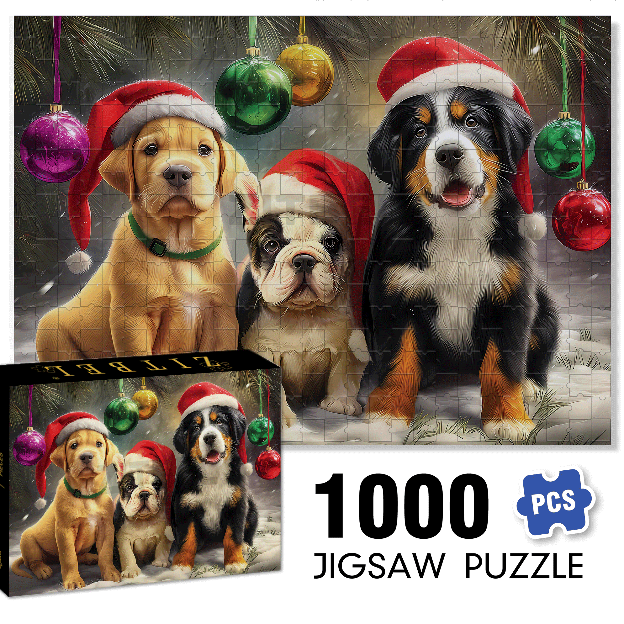 Christmas Pups 500pcs/1000pcs Jigsaw Puzzle, Scratch-Resistant, Interactive Family Game & Brain-Boosting DIY Decor, Perfect for Halloween, Christmas & New Year Gifts, Family Puzzle Game
