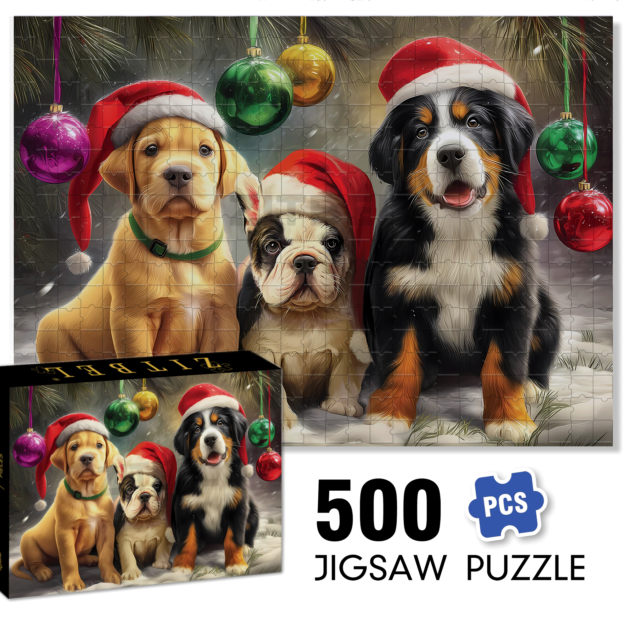 Christmas Pups 500pcs/1000pcs Jigsaw Puzzle, Scratch-Resistant, Interactive Family Game & Brain-Boosting DIY Decor, Perfect for Halloween, Christmas & New Year Gifts, Family Puzzle Game