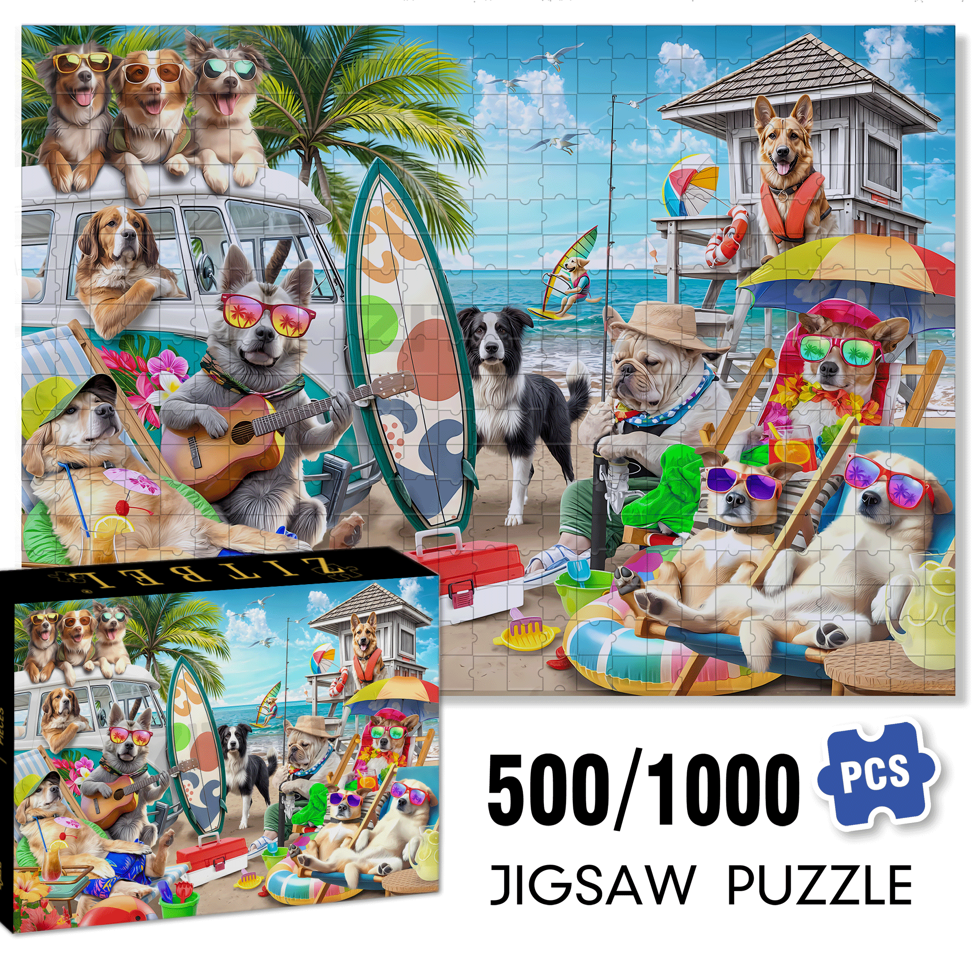 Dogs on The Beach 500pcs/1000pcs Jigsaw Puzzle, Scratch-Resistant, Interactive Family Game & Brain-Boosting DIY Decor, Perfect for Halloween, Christmas & New Year Gifts, Family Puzzle Game