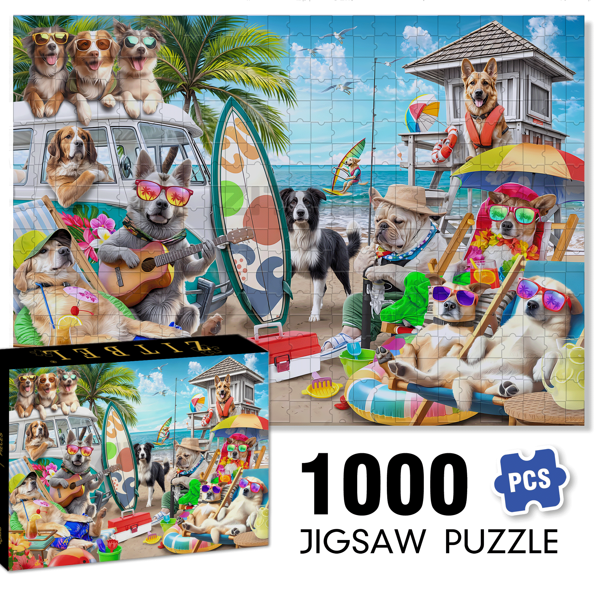 Dogs on The Beach 500pcs/1000pcs Jigsaw Puzzle, Scratch-Resistant, Interactive Family Game & Brain-Boosting DIY Decor, Perfect for Halloween, Christmas & New Year Gifts, Family Puzzle Game