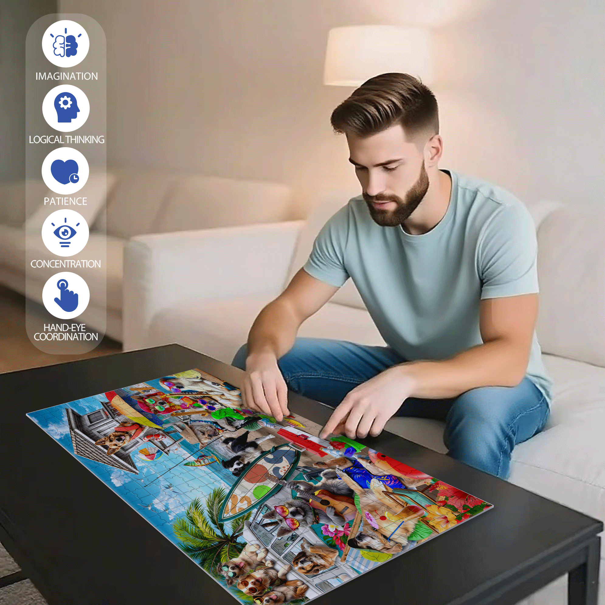 Dogs on The Beach 500pcs/1000pcs Jigsaw Puzzle, Scratch-Resistant, Interactive Family Game & Brain-Boosting DIY Decor, Perfect for Halloween, Christmas & New Year Gifts, Family Puzzle Game