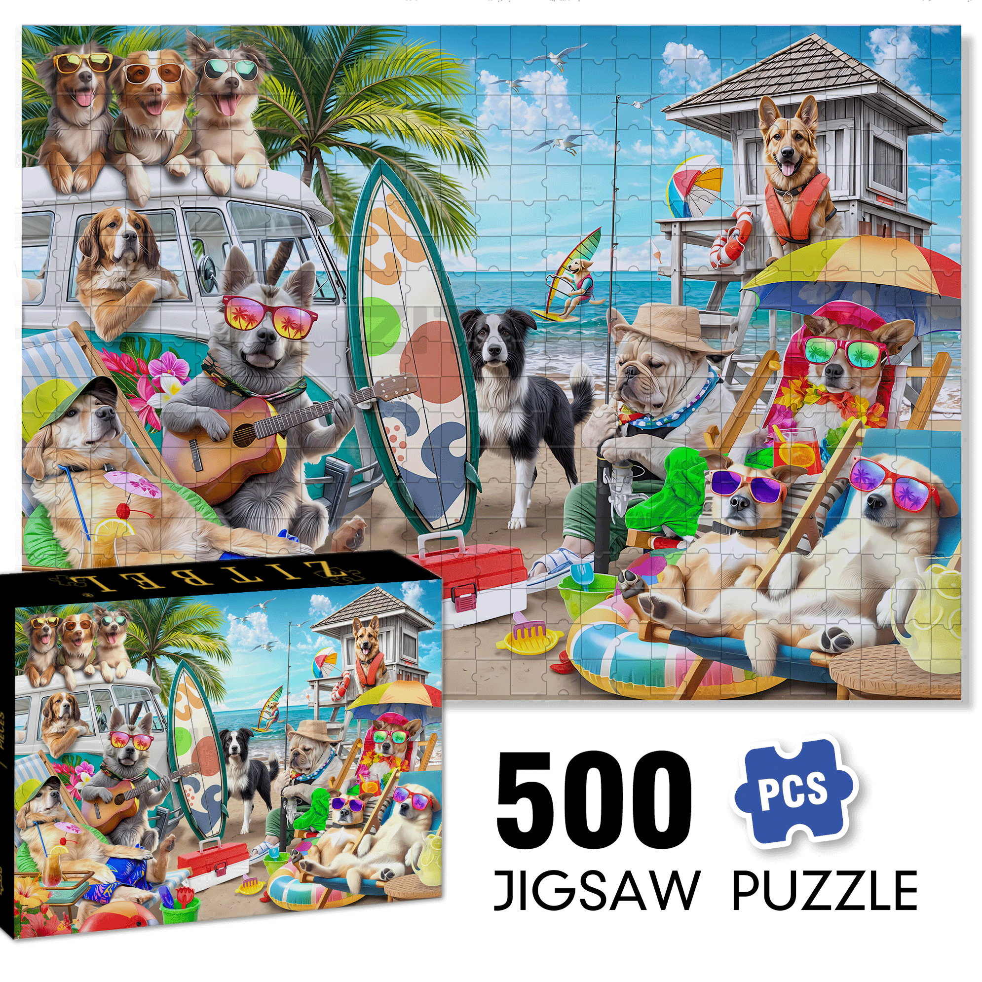 Dogs on The Beach 500pcs/1000pcs Jigsaw Puzzle, Scratch-Resistant, Interactive Family Game & Brain-Boosting DIY Decor, Perfect for Halloween, Christmas & New Year Gifts, Family Puzzle Game