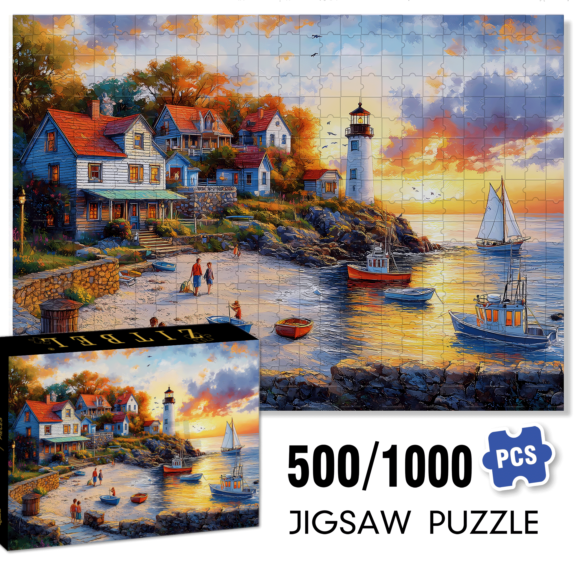 Fishing Village 500pcs/1000pcs Jigsaw Puzzle, Scratch-Resistant, Interactive Family Game & Brain-Boosting DIY Decor, Perfect for Halloween, Christmas & New Year Gifts, Family Puzzle Game