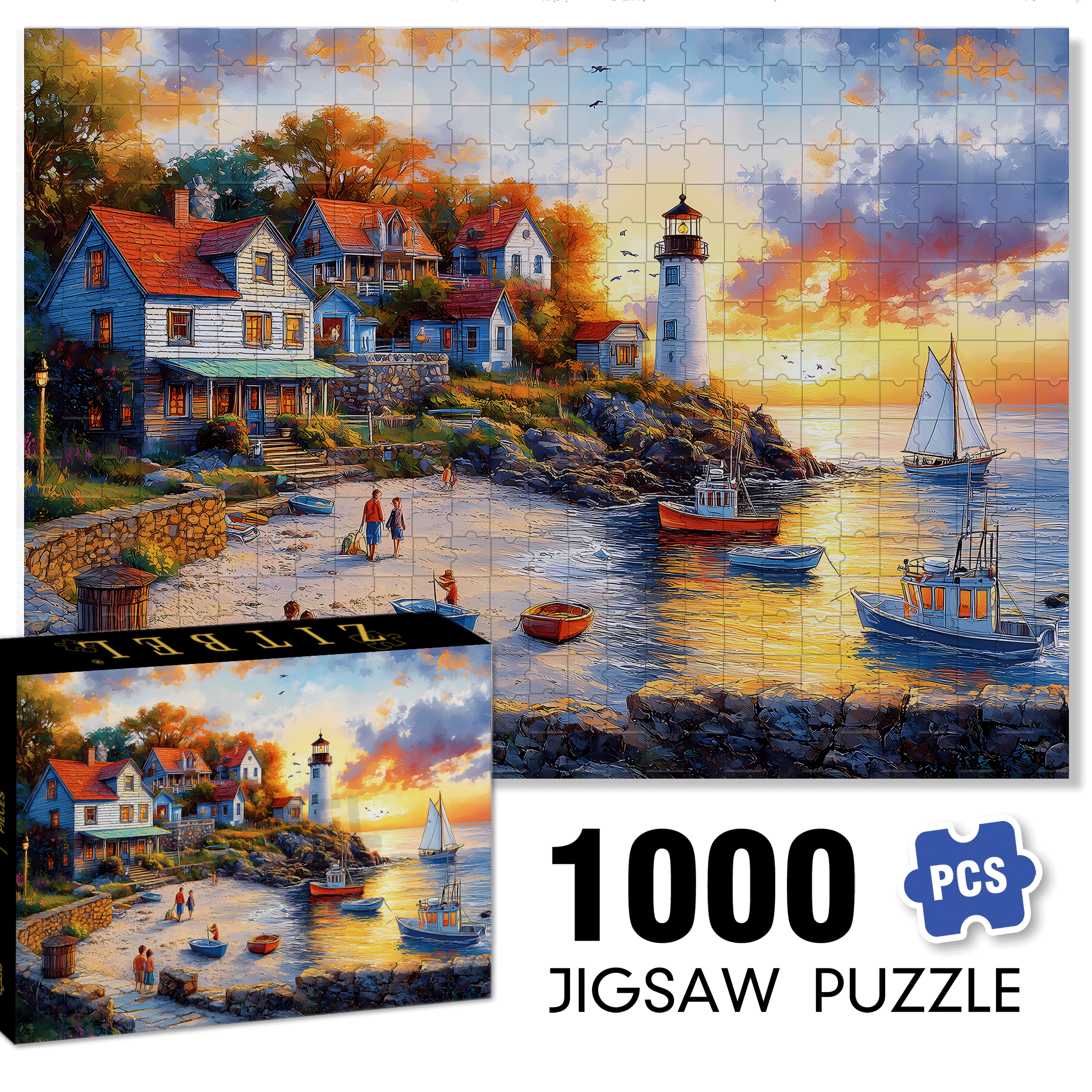 Fishing Village 500pcs/1000pcs Jigsaw Puzzle, Scratch-Resistant, Interactive Family Game & Brain-Boosting DIY Decor, Perfect for Halloween, Christmas & New Year Gifts, Family Puzzle Game