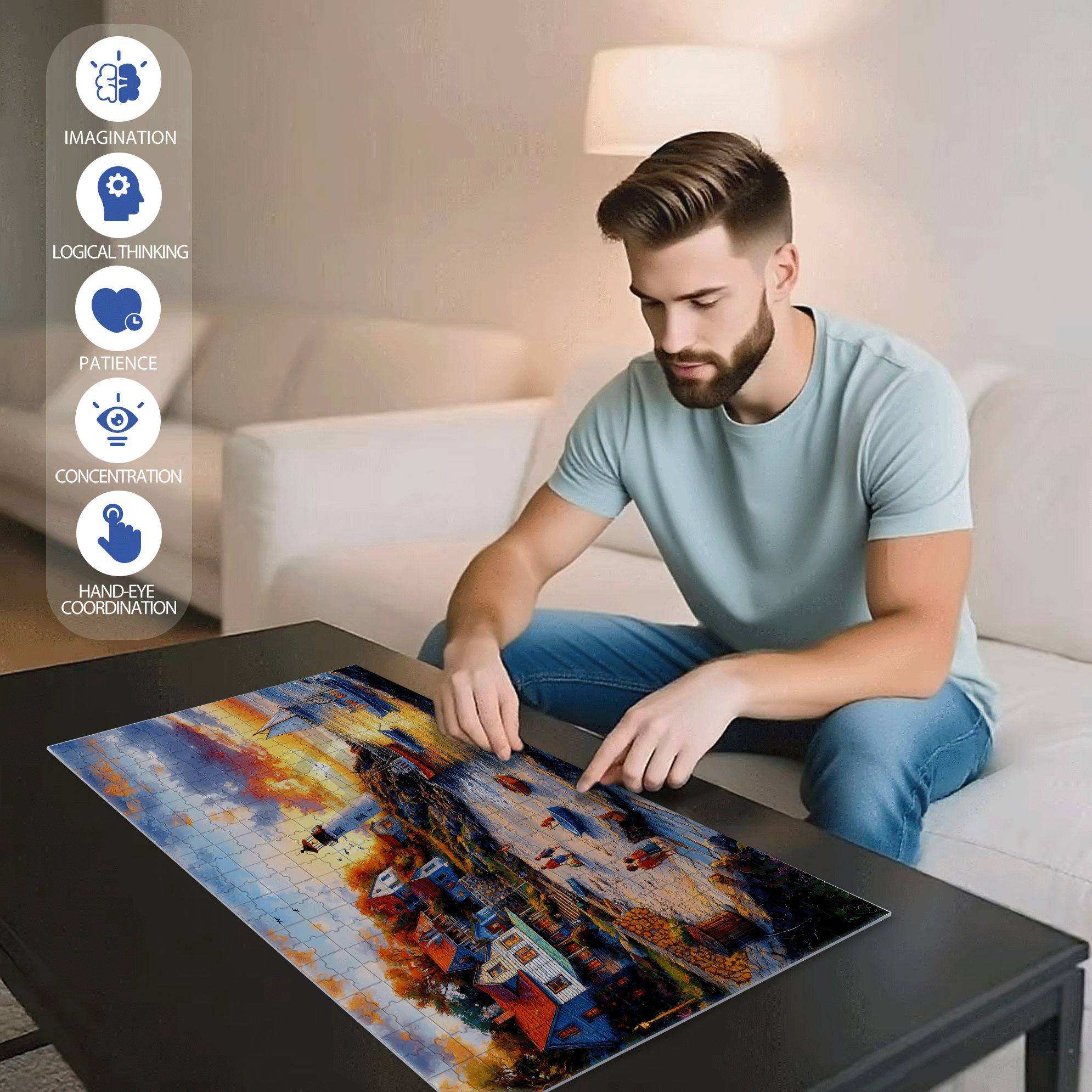 Fishing Village 500pcs/1000pcs Jigsaw Puzzle, Scratch-Resistant, Interactive Family Game & Brain-Boosting DIY Decor, Perfect for Halloween, Christmas & New Year Gifts, Family Puzzle Game