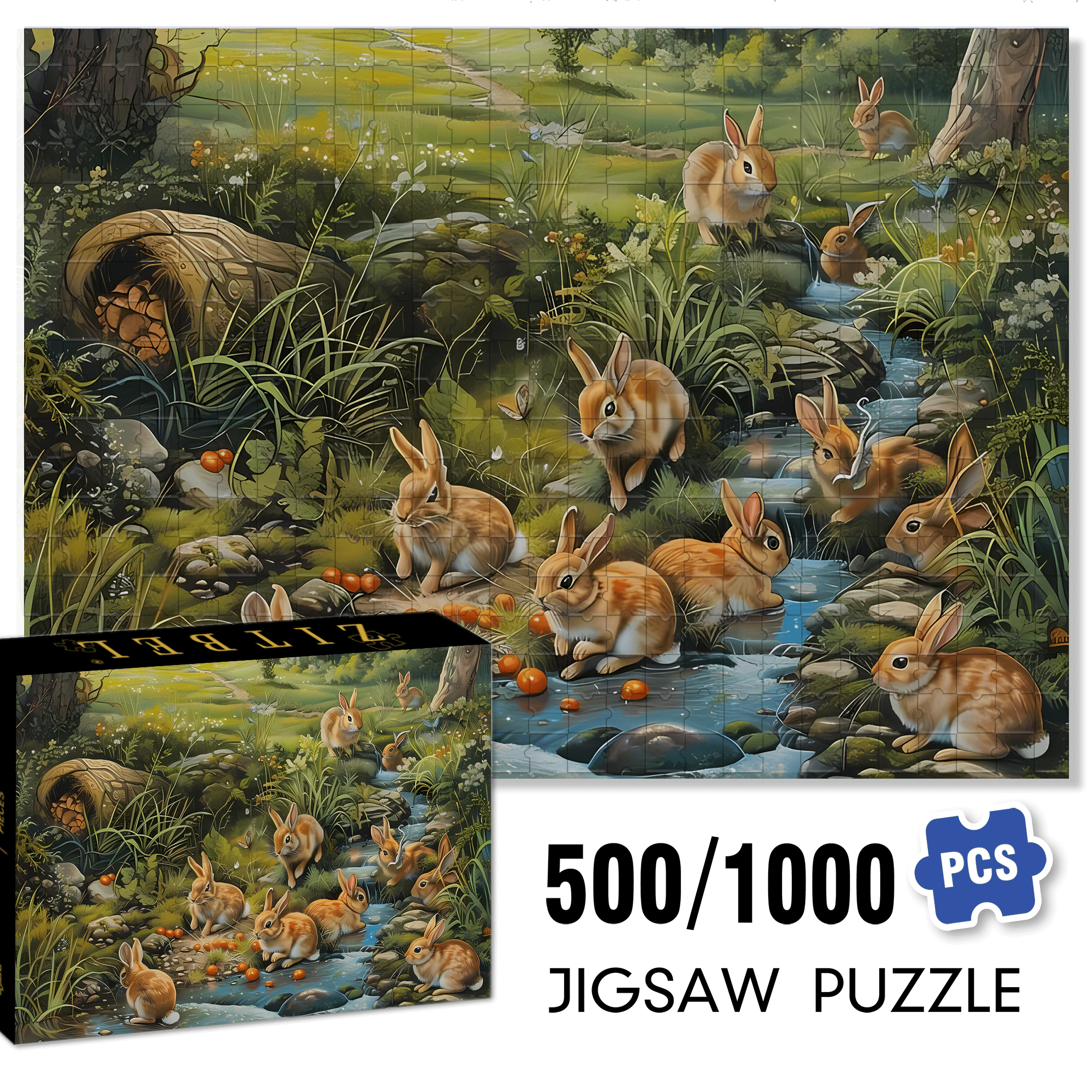 Forest Rabbit 500pcs/1000pcs Jigsaw Puzzle, Scratch-Resistant, Interactive Family Game & Brain-Boosting DIY Decor, Perfect for Halloween, Christmas & New Year Gifts, Family Puzzle Game