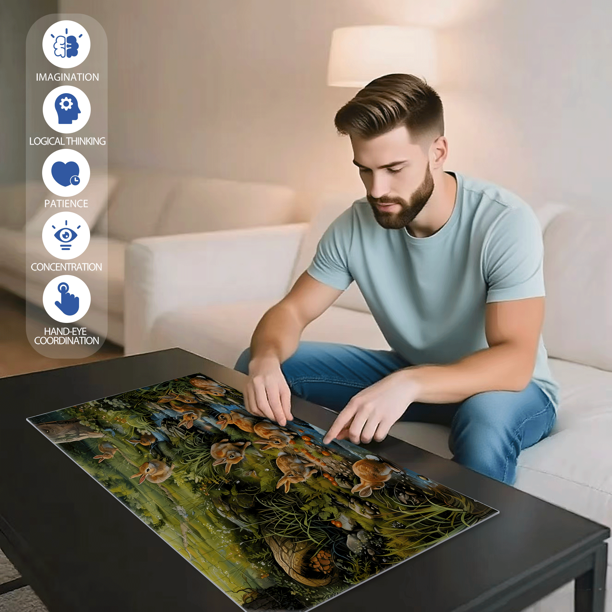Forest Rabbit 500pcs/1000pcs Jigsaw Puzzle, Scratch-Resistant, Interactive Family Game & Brain-Boosting DIY Decor, Perfect for Halloween, Christmas & New Year Gifts, Family Puzzle Game
