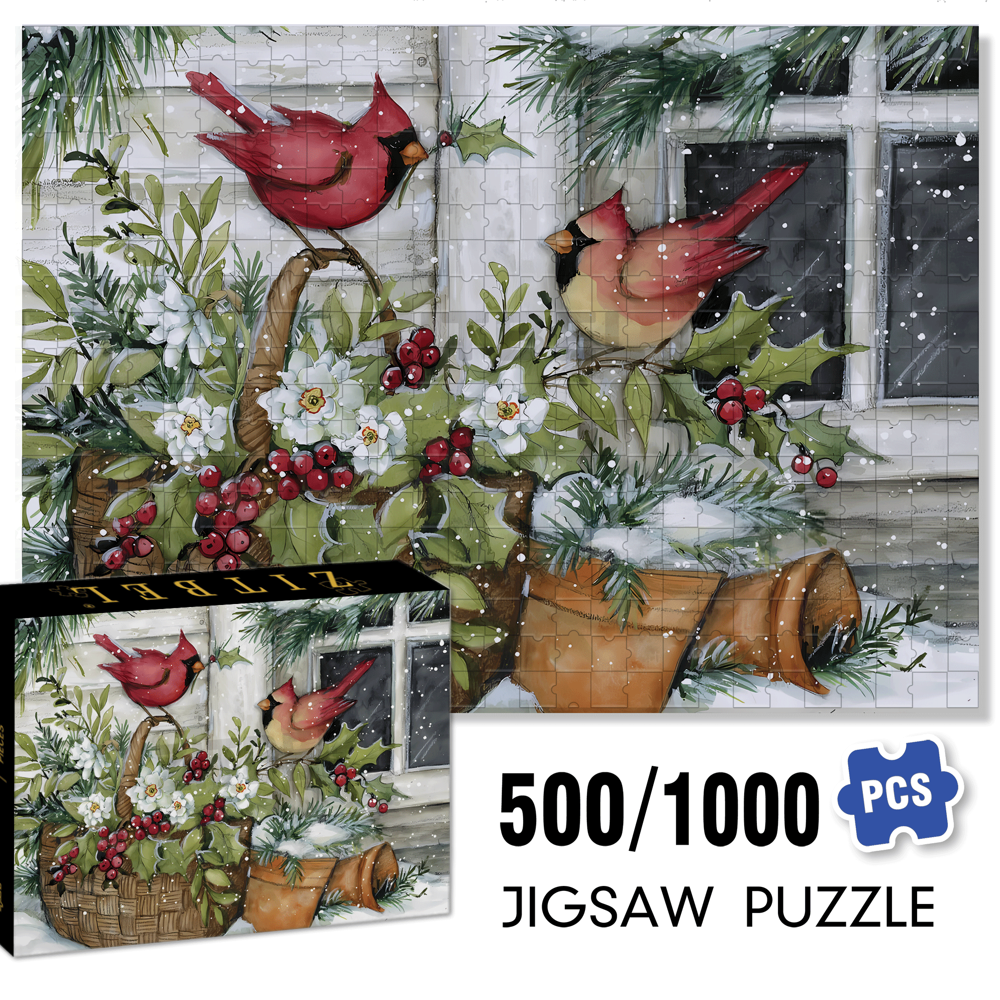 Holly Basket Cardinals 500pcs/1000pcs Jigsaw Puzzle, Scratch-Resistant, Interactive Family Game & Brain-Boosting DIY Decor, Perfect for Halloween, Christmas & New Year Gifts, Family Puzzle Game