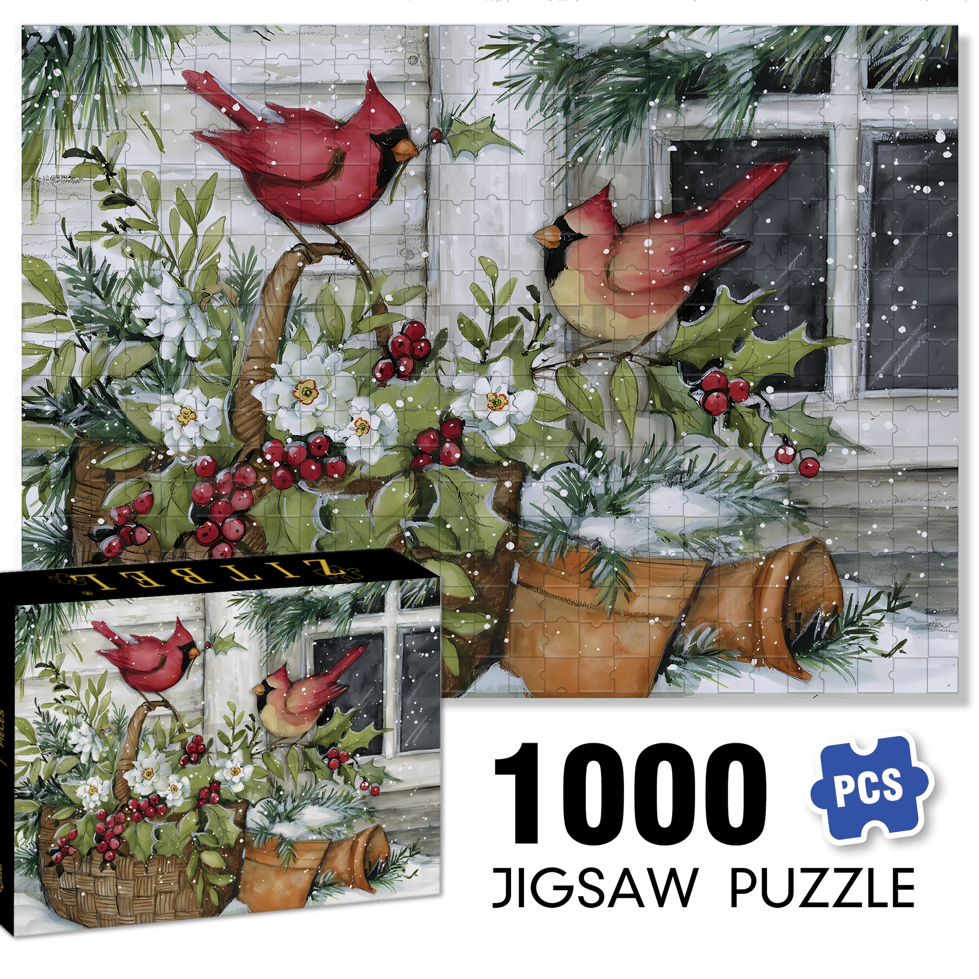 Holly Basket Cardinals 500pcs/1000pcs Jigsaw Puzzle, Scratch-Resistant, Interactive Family Game & Brain-Boosting DIY Decor, Perfect for Halloween, Christmas & New Year Gifts, Family Puzzle Game