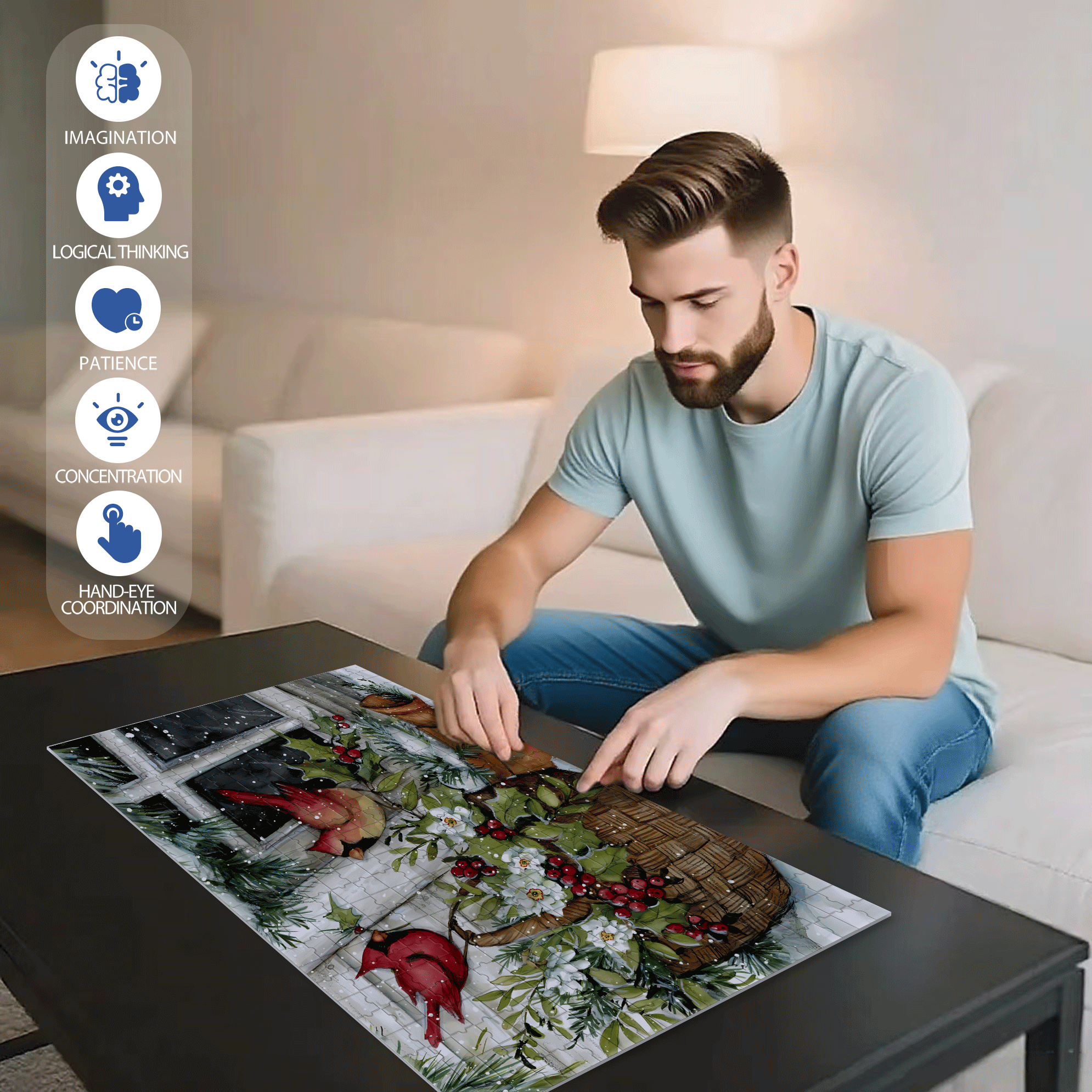 Holly Basket Cardinals 500pcs/1000pcs Jigsaw Puzzle, Scratch-Resistant, Interactive Family Game & Brain-Boosting DIY Decor, Perfect for Halloween, Christmas & New Year Gifts, Family Puzzle Game