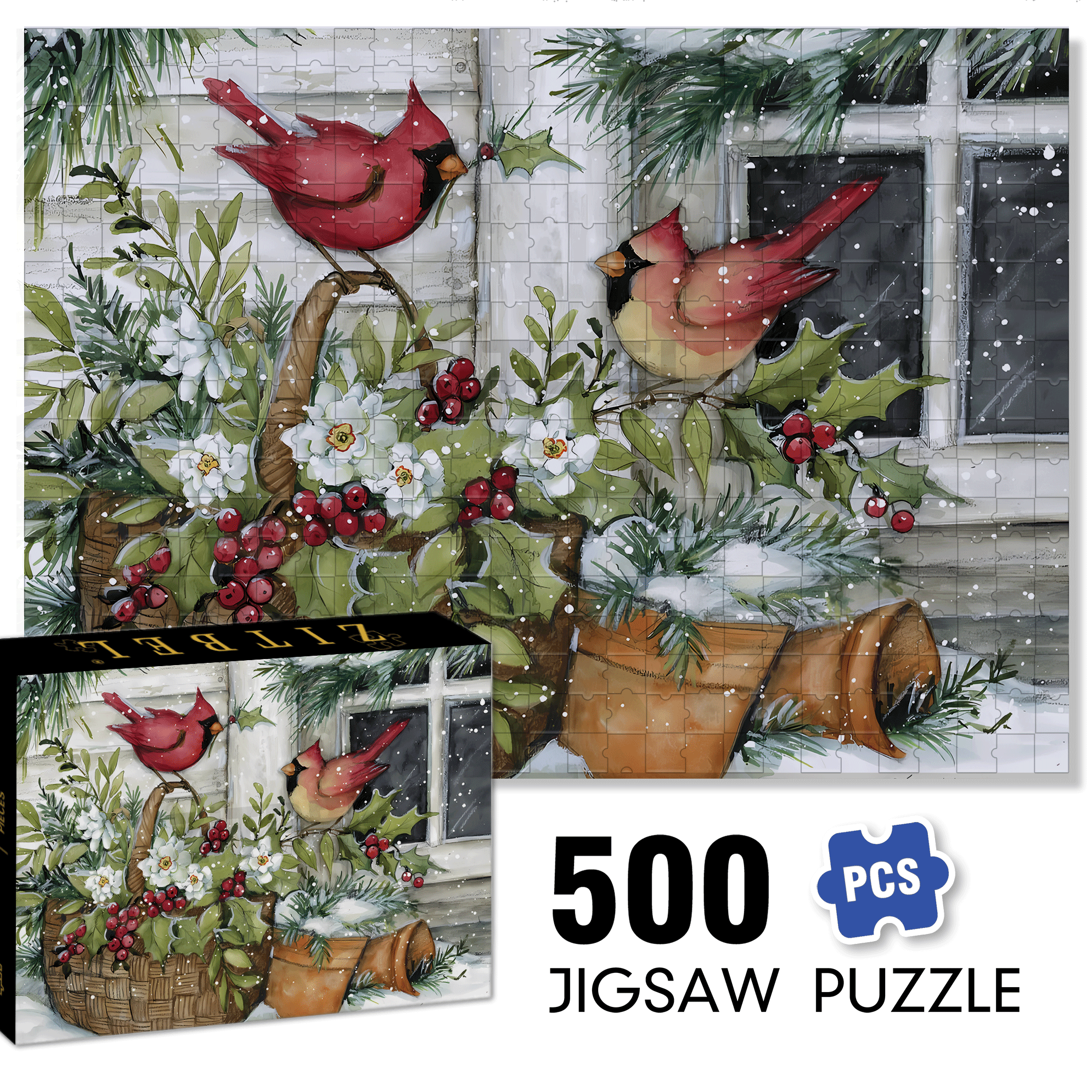 Holly Basket Cardinals 500pcs/1000pcs Jigsaw Puzzle, Scratch-Resistant, Interactive Family Game & Brain-Boosting DIY Decor, Perfect for Halloween, Christmas & New Year Gifts, Family Puzzle Game