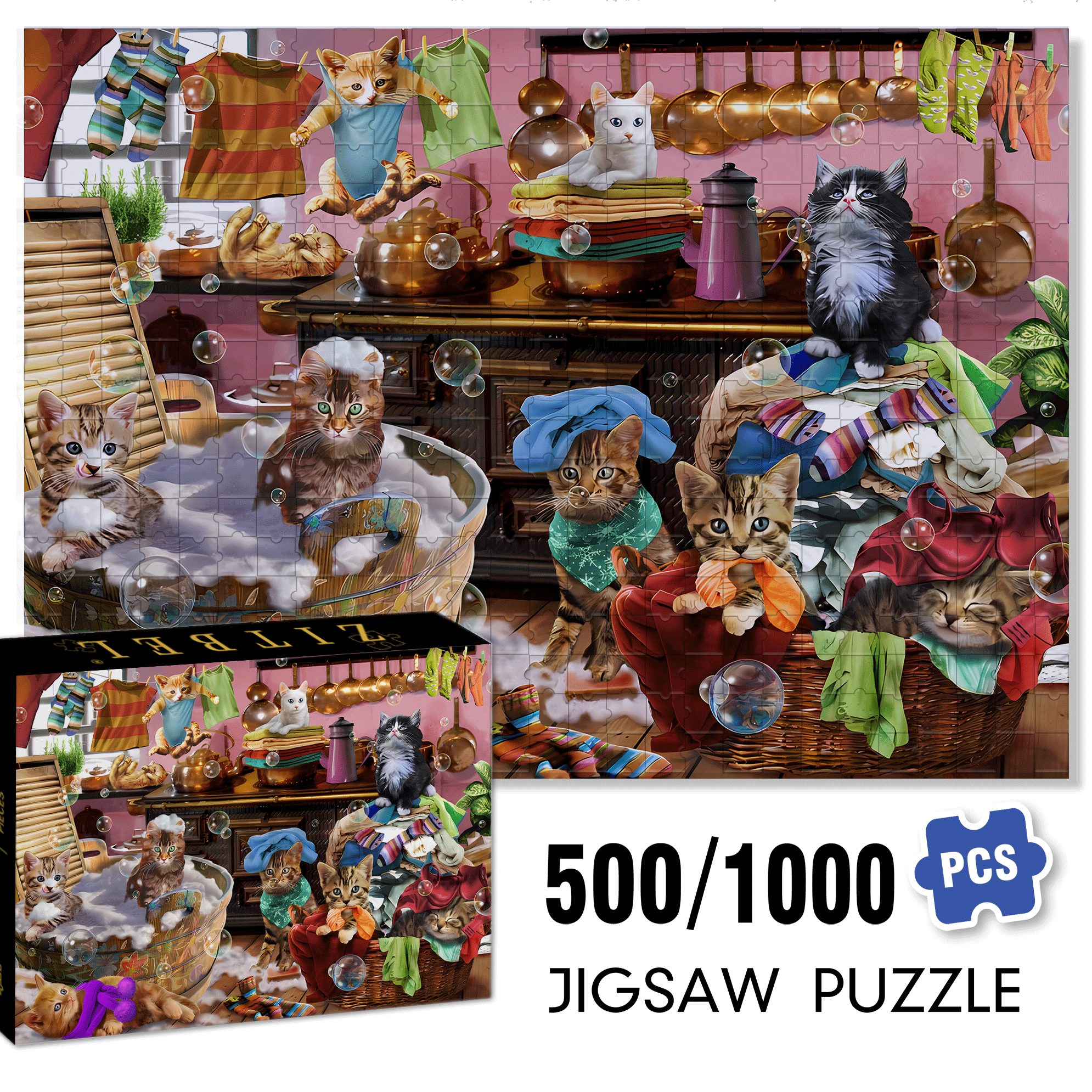 Kittens in The Kitchen 500pcs/1000pcs Jigsaw Puzzle, Scratch-Resistant, Interactive Family Game & Brain-Boosting DIY Decor, Perfect for Halloween, Christmas & New Year Gifts, Family Puzzle Game