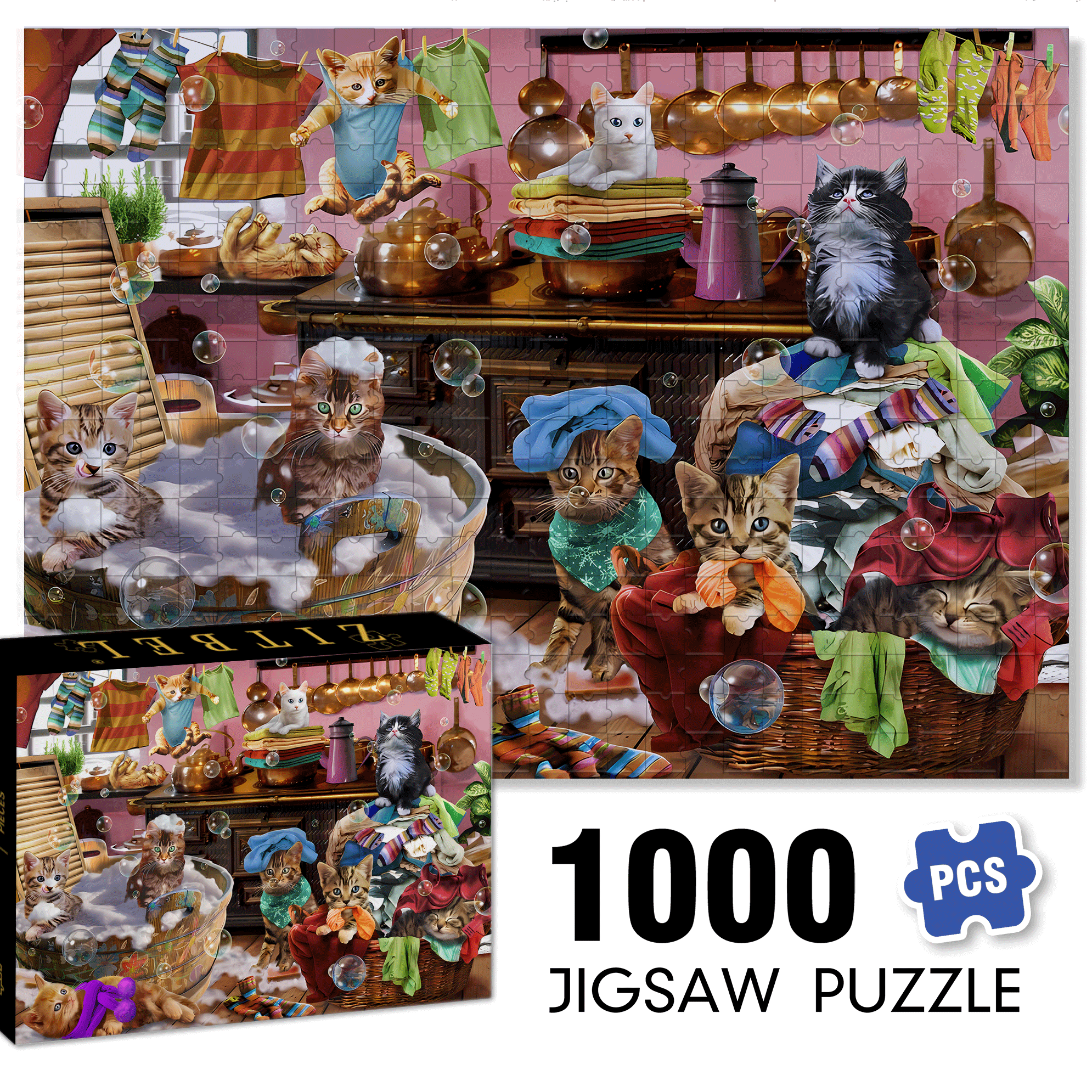 Kittens in The Kitchen 500pcs/1000pcs Jigsaw Puzzle, Scratch-Resistant, Interactive Family Game & Brain-Boosting DIY Decor, Perfect for Halloween, Christmas & New Year Gifts, Family Puzzle Game