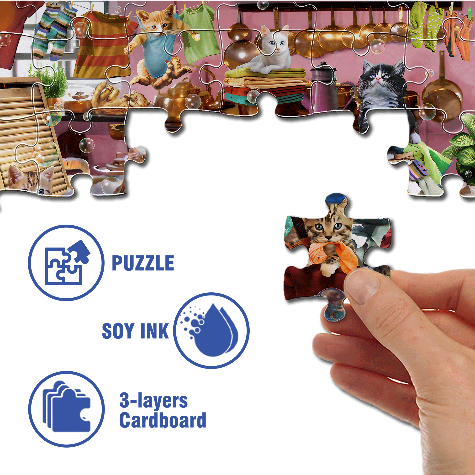 Kittens in The Kitchen 500pcs/1000pcs Jigsaw Puzzle, Scratch-Resistant, Interactive Family Game & Brain-Boosting DIY Decor, Perfect for Halloween, Christmas & New Year Gifts, Family Puzzle Game
