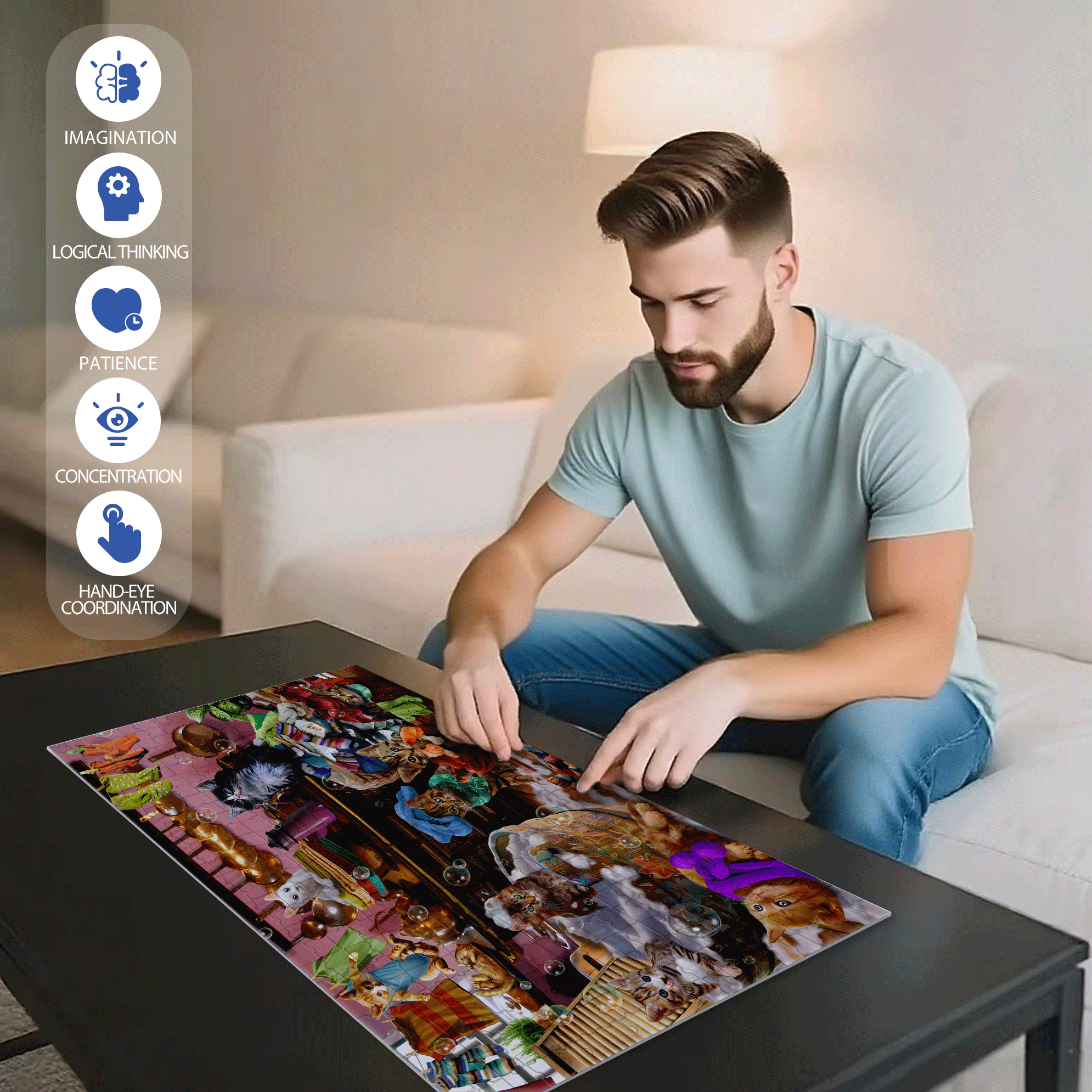 Kittens in The Kitchen 500pcs/1000pcs Jigsaw Puzzle, Scratch-Resistant, Interactive Family Game & Brain-Boosting DIY Decor, Perfect for Halloween, Christmas & New Year Gifts, Family Puzzle Game