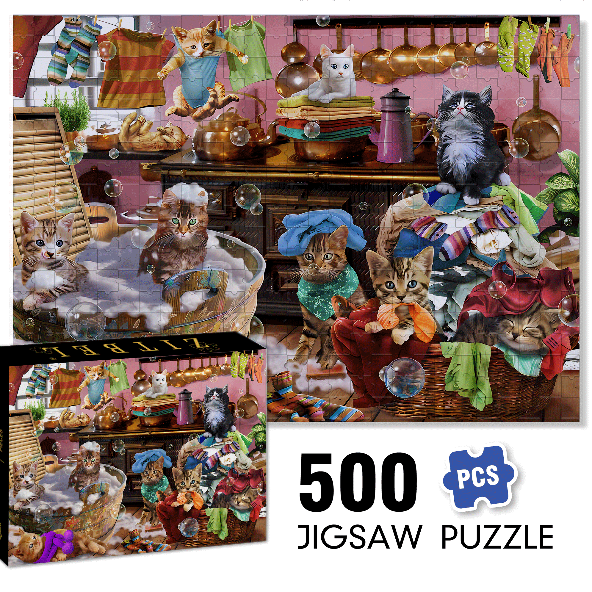 Kittens in The Kitchen 500pcs/1000pcs Jigsaw Puzzle, Scratch-Resistant, Interactive Family Game & Brain-Boosting DIY Decor, Perfect for Halloween, Christmas & New Year Gifts, Family Puzzle Game