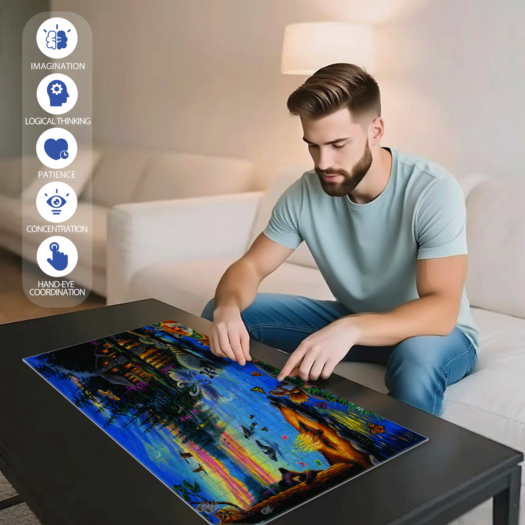 Lakeside Evening Licensed 500pcs/1000pcs Jigsaw Puzzle, Scratch-Resistant, Interactive Family Game & Brain-Boosting DIY Decor, Perfect for Halloween, Christmas & New Year Gifts, Family Puzzle Game