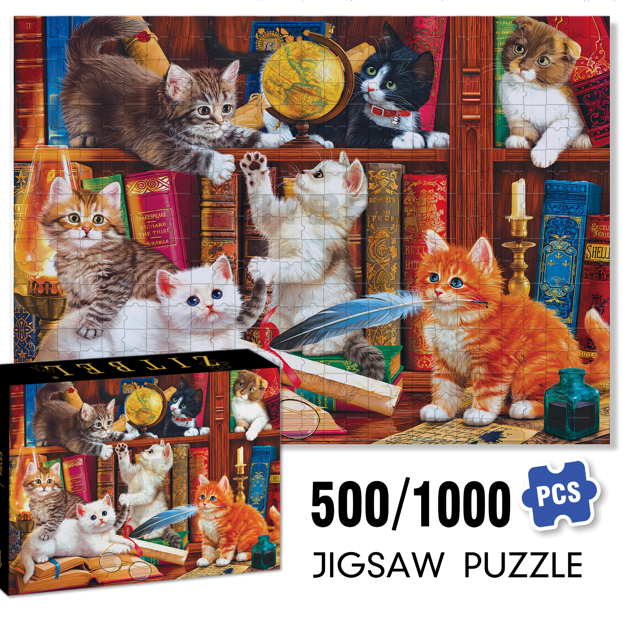 Library Mischief 500pcs/1000pcs Jigsaw Puzzle, Scratch-Resistant, Interactive Family Game & Brain-Boosting DIY Decor, Perfect for Halloween, Christmas & New Year Gifts, Family Puzzle Game