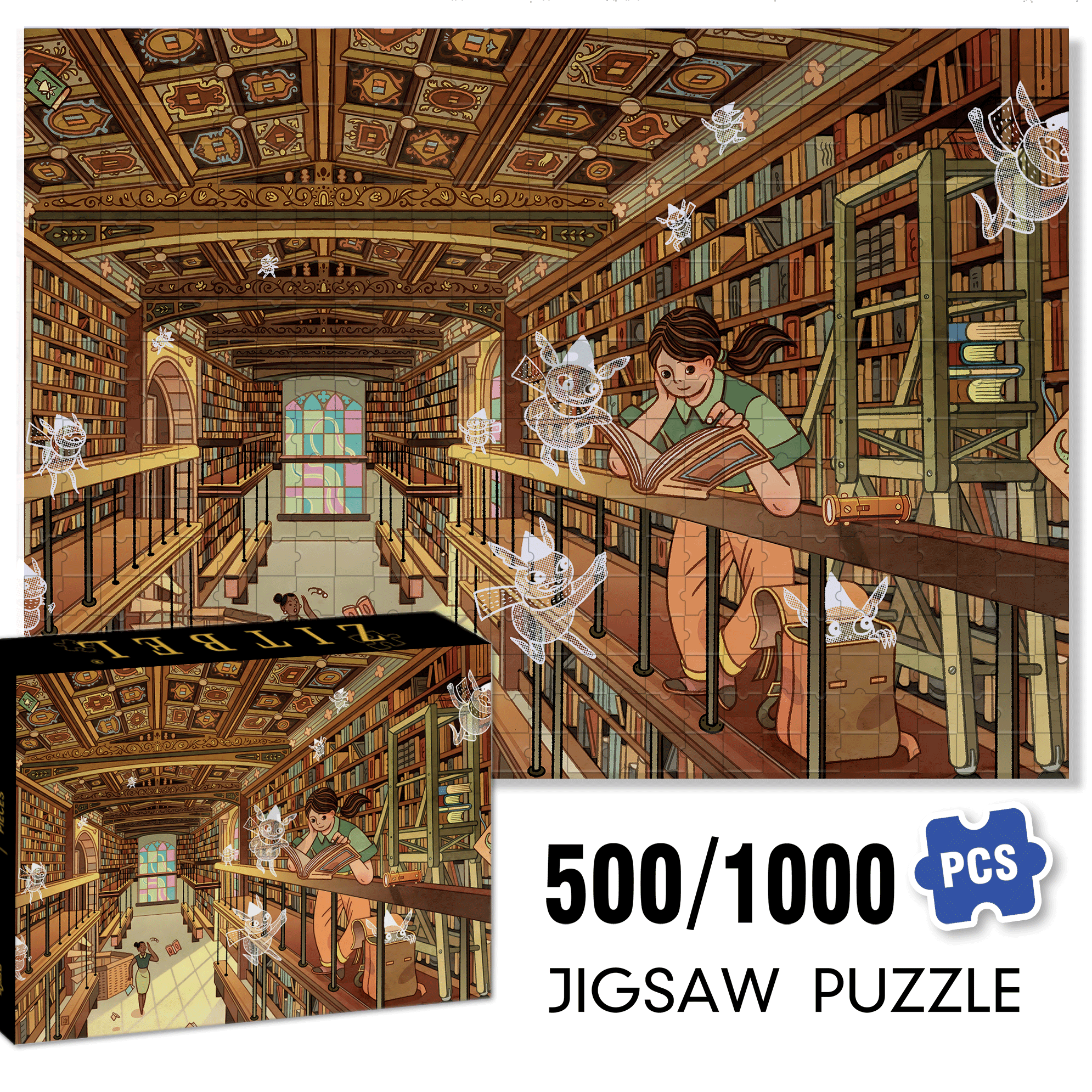 Mischief at the Library 500pcs/1000pcs Jigsaw Puzzle, Scratch-Resistant, Interactive Family Game & Brain-Boosting DIY Decor, Perfect for Halloween, Christmas & New Year Gifts, Family Puzzle Game