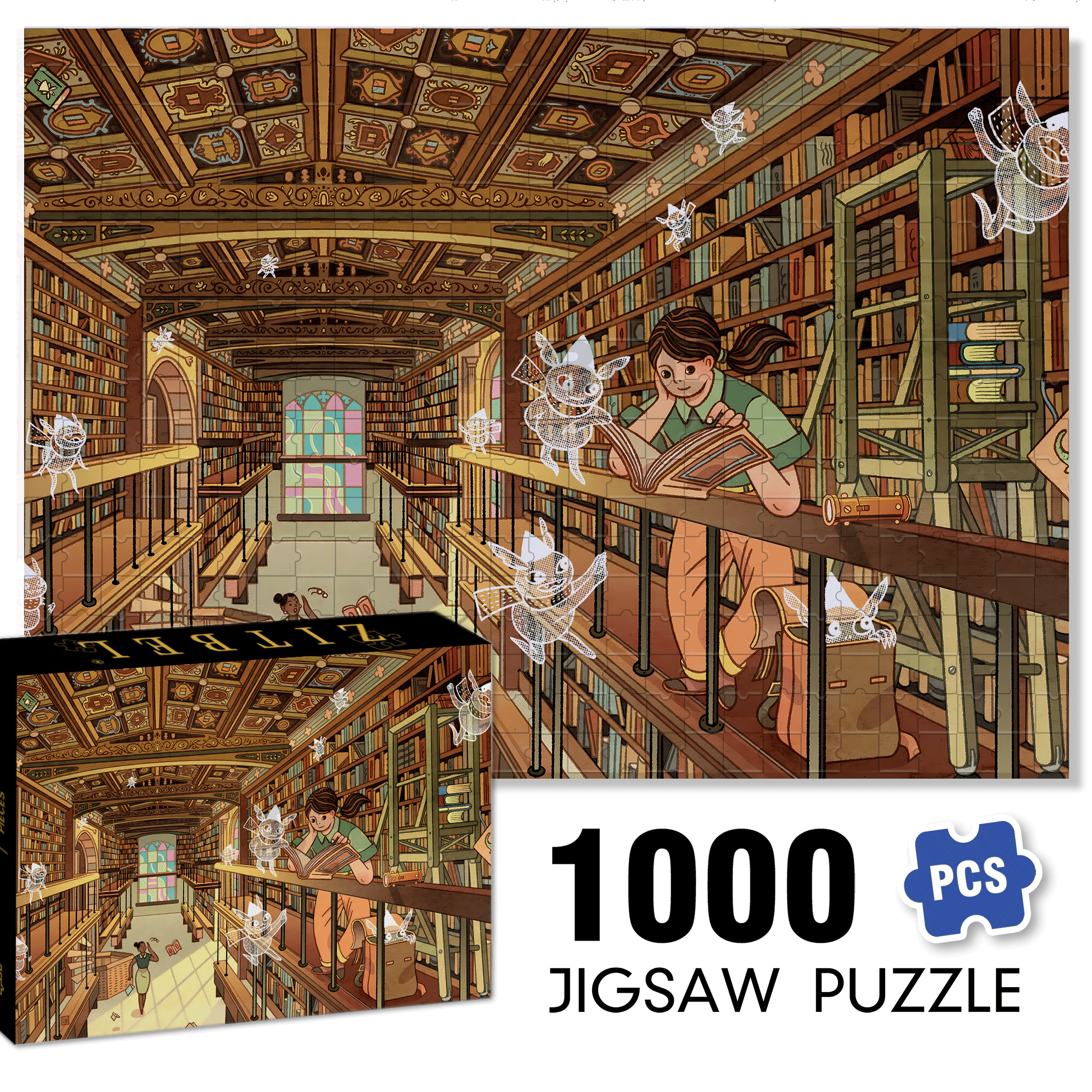 Mischief at the Library 500pcs/1000pcs Jigsaw Puzzle, Scratch-Resistant, Interactive Family Game & Brain-Boosting DIY Decor, Perfect for Halloween, Christmas & New Year Gifts, Family Puzzle Game
