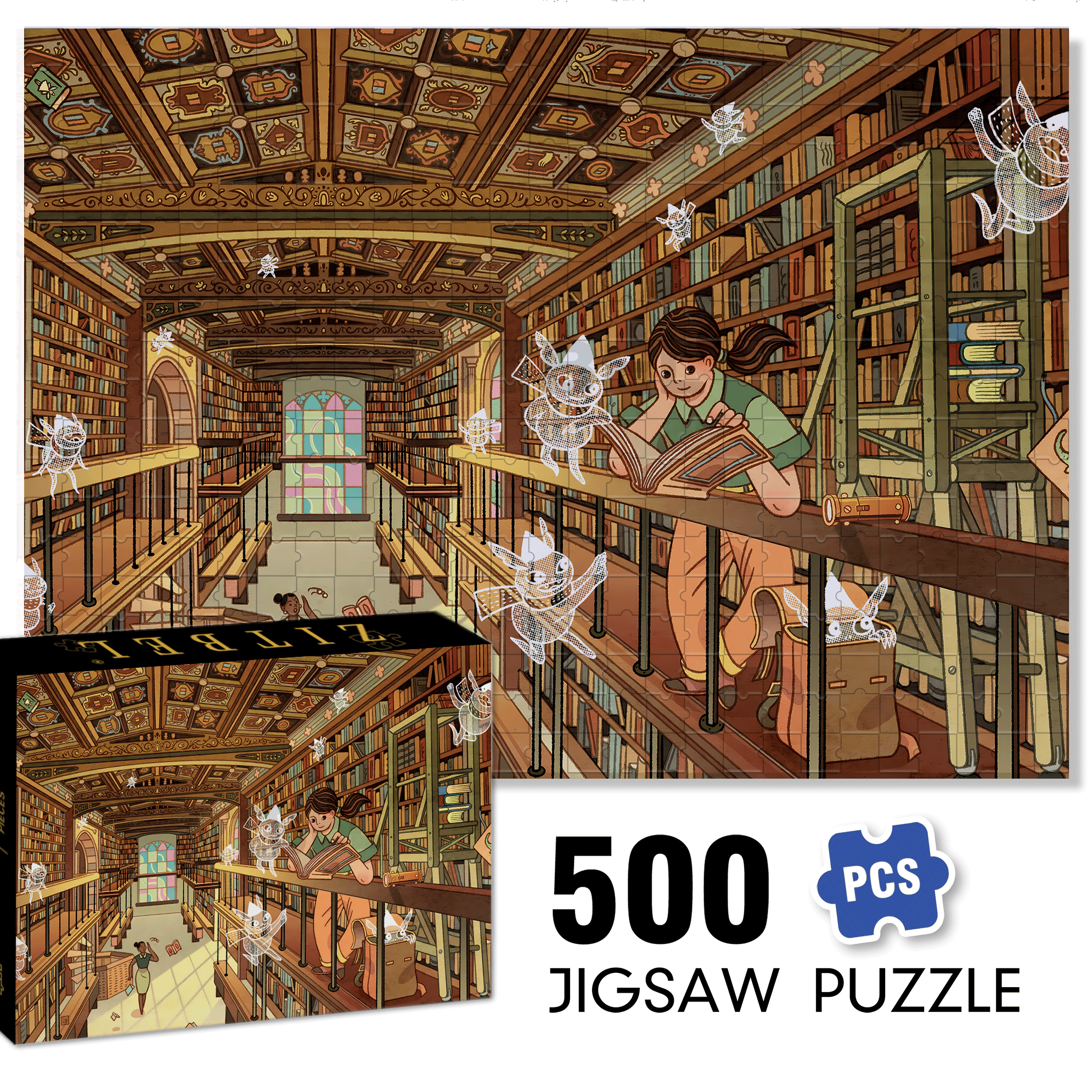 Mischief at the Library 500pcs/1000pcs Jigsaw Puzzle, Scratch-Resistant, Interactive Family Game & Brain-Boosting DIY Decor, Perfect for Halloween, Christmas & New Year Gifts, Family Puzzle Game