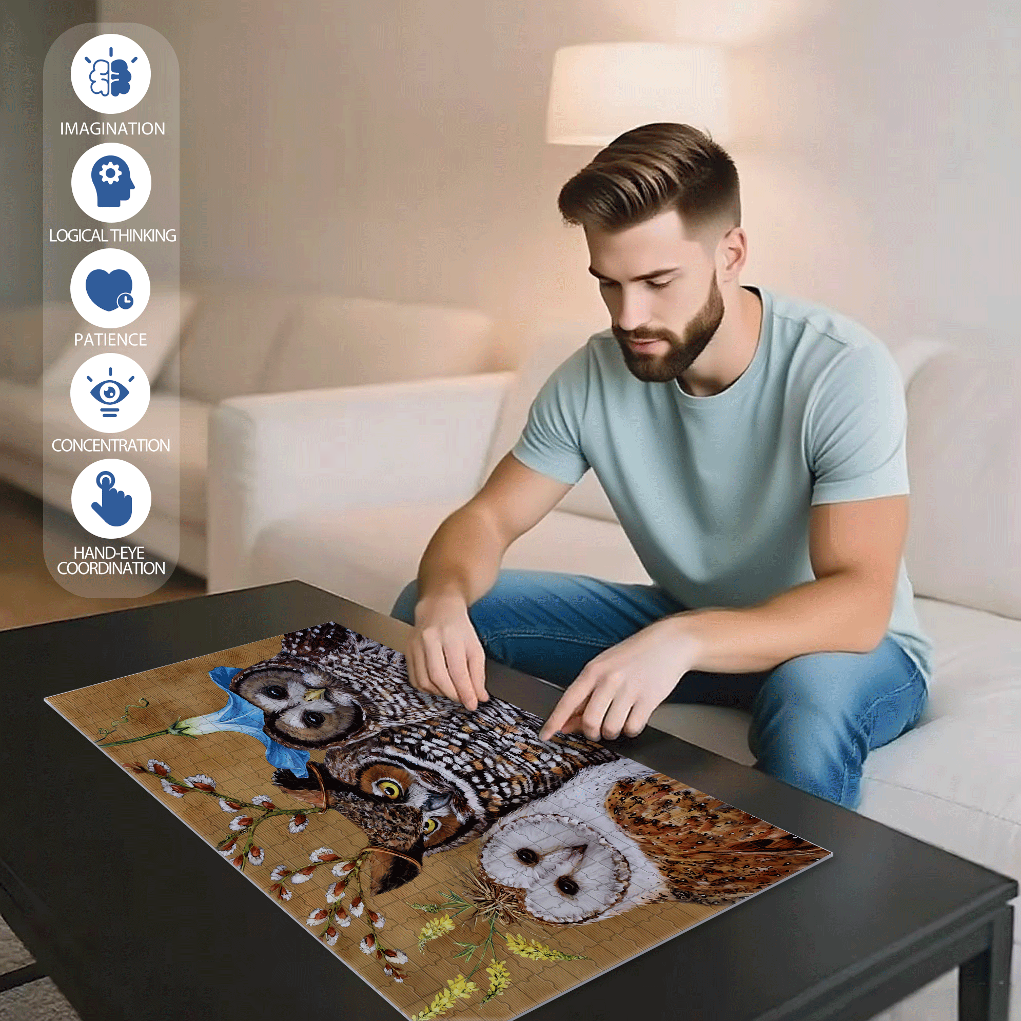 Owl Family 500pcs/1000pcs Jigsaw Puzzle, Scratch-Resistant, Interactive Family Game & Brain-Boosting DIY Decor, Perfect for Halloween, Christmas & New Year Gifts, Family Puzzle Game