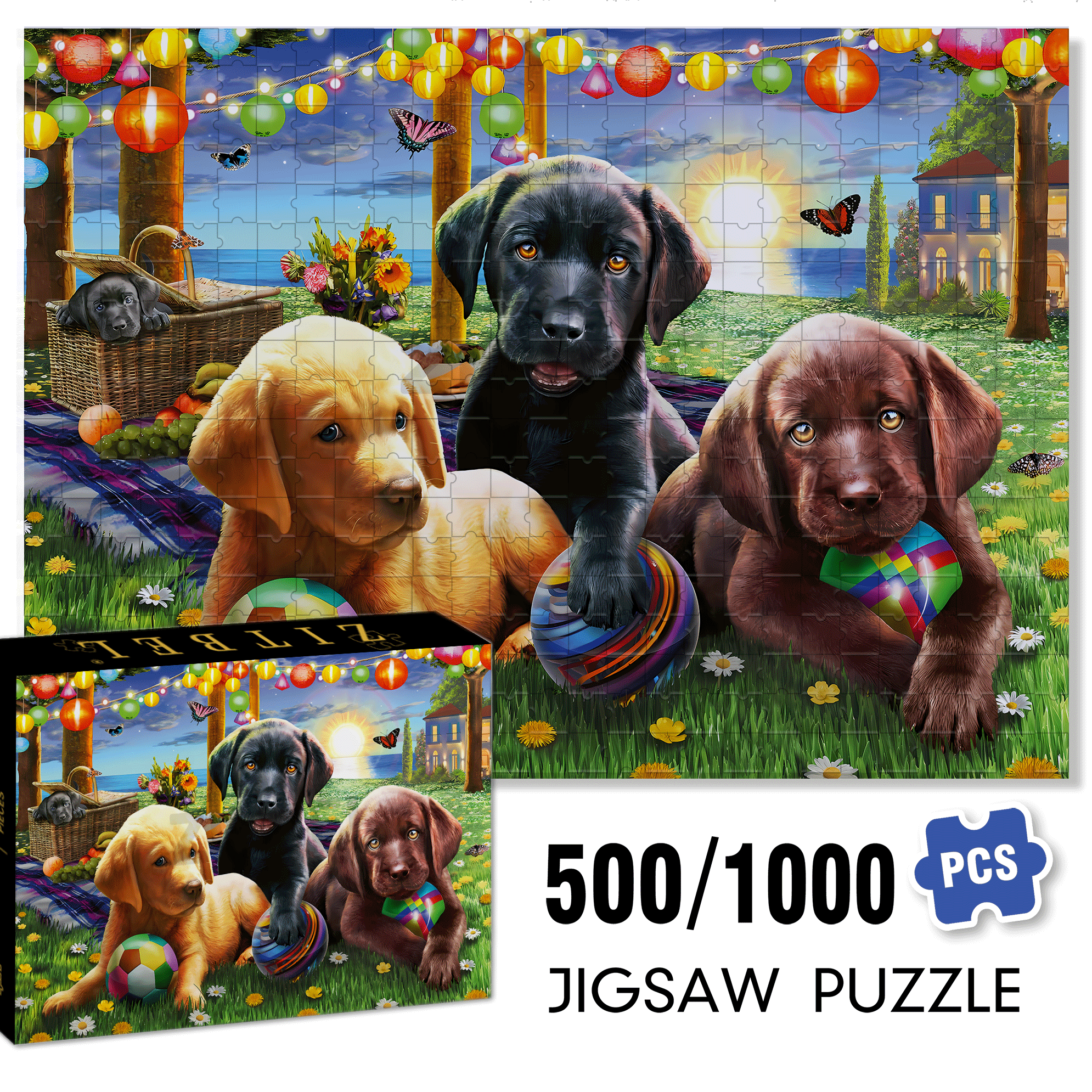 Puppy Picnic 500pcs/1000pcs Jigsaw Puzzle, Scratch-Resistant, Interactive Family Game & Brain-Boosting DIY Decor, Perfect for Halloween, Christmas & New Year Gifts, Family Puzzle Game
