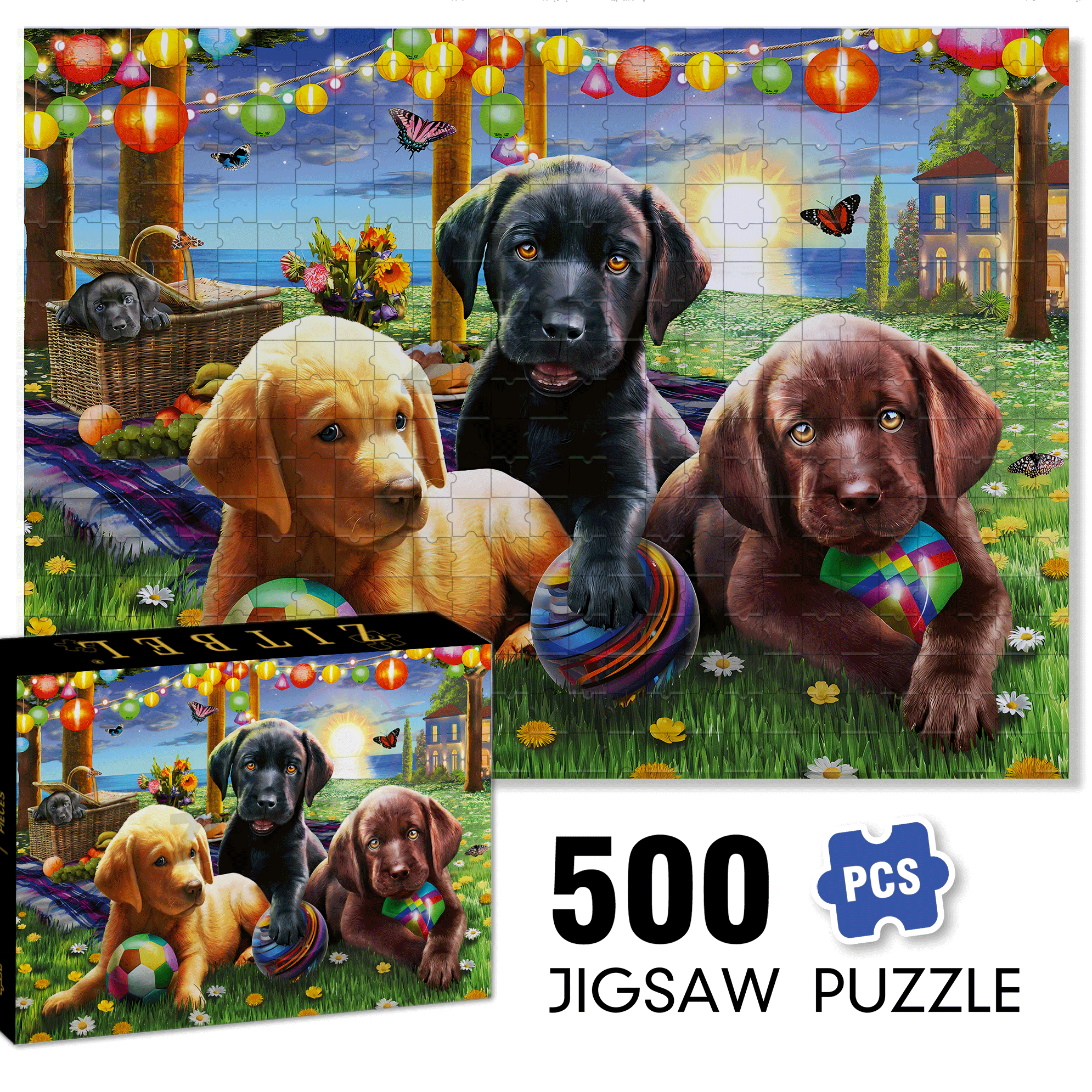 Puppy Picnic 500pcs/1000pcs Jigsaw Puzzle, Scratch-Resistant, Interactive Family Game & Brain-Boosting DIY Decor, Perfect for Halloween, Christmas & New Year Gifts, Family Puzzle Game