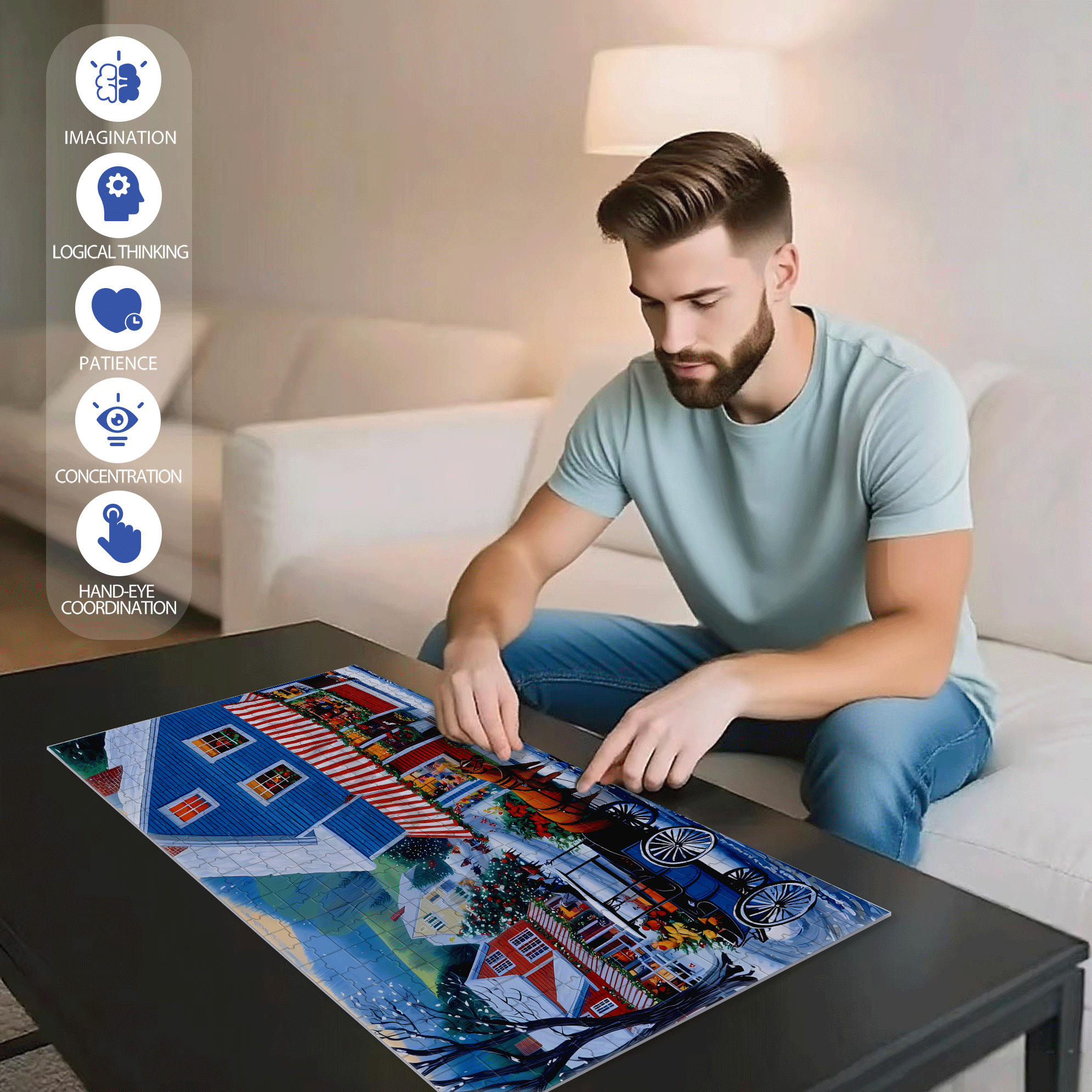 Small Blue Town Story 500pcs/1000pcs Jigsaw Puzzle, Scratch-Resistant, Interactive Family Game & Brain-Boosting DIY Decor, Perfect for Halloween, Christmas & New Year Gifts, Family Puzzle Game